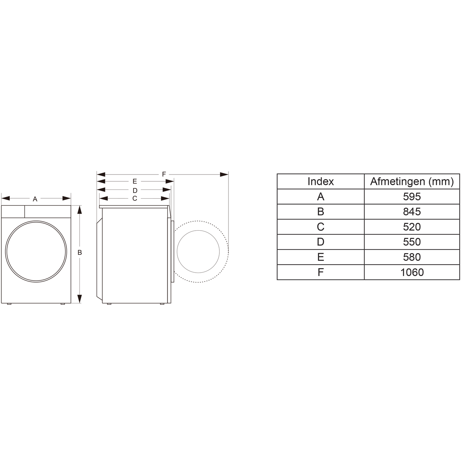 Diagram van een wasmachine met afmetingen: A, B, C, D, E, F. Tabel met afmetingen in millimeters.