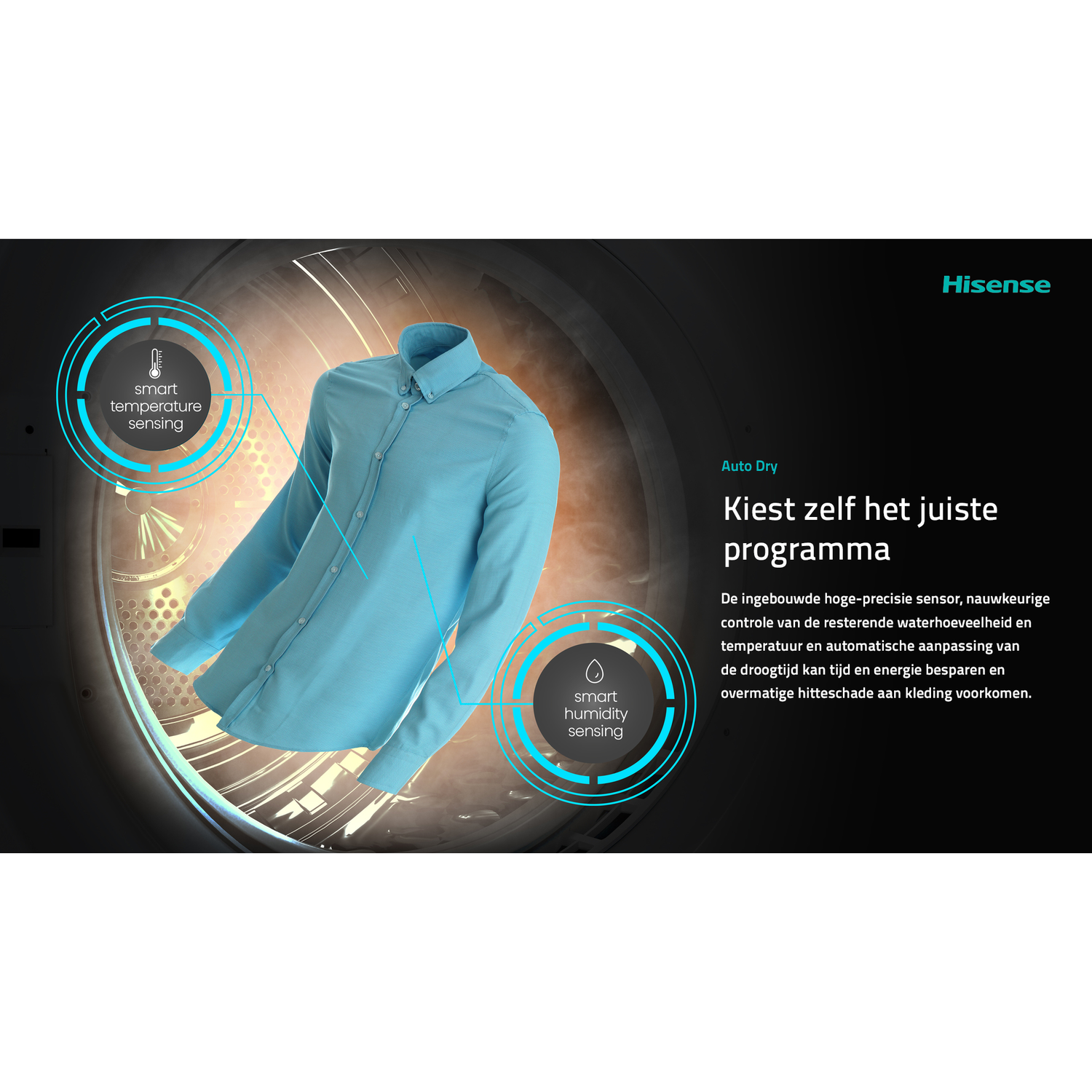 Blauw overhemd in een wasmachine met tekst 'Auto Dry'. Zwarte achtergrond, Hisense-logo.
