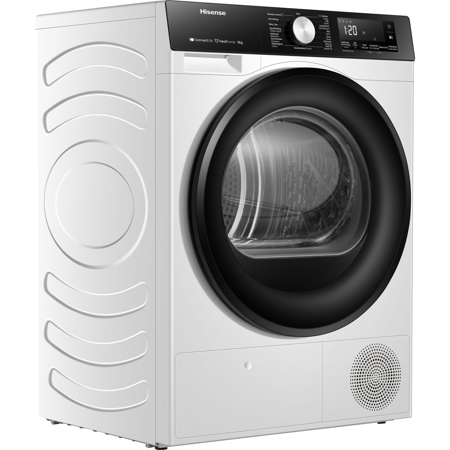 White Hisense dryer, side view. It has a black door and control panel.
