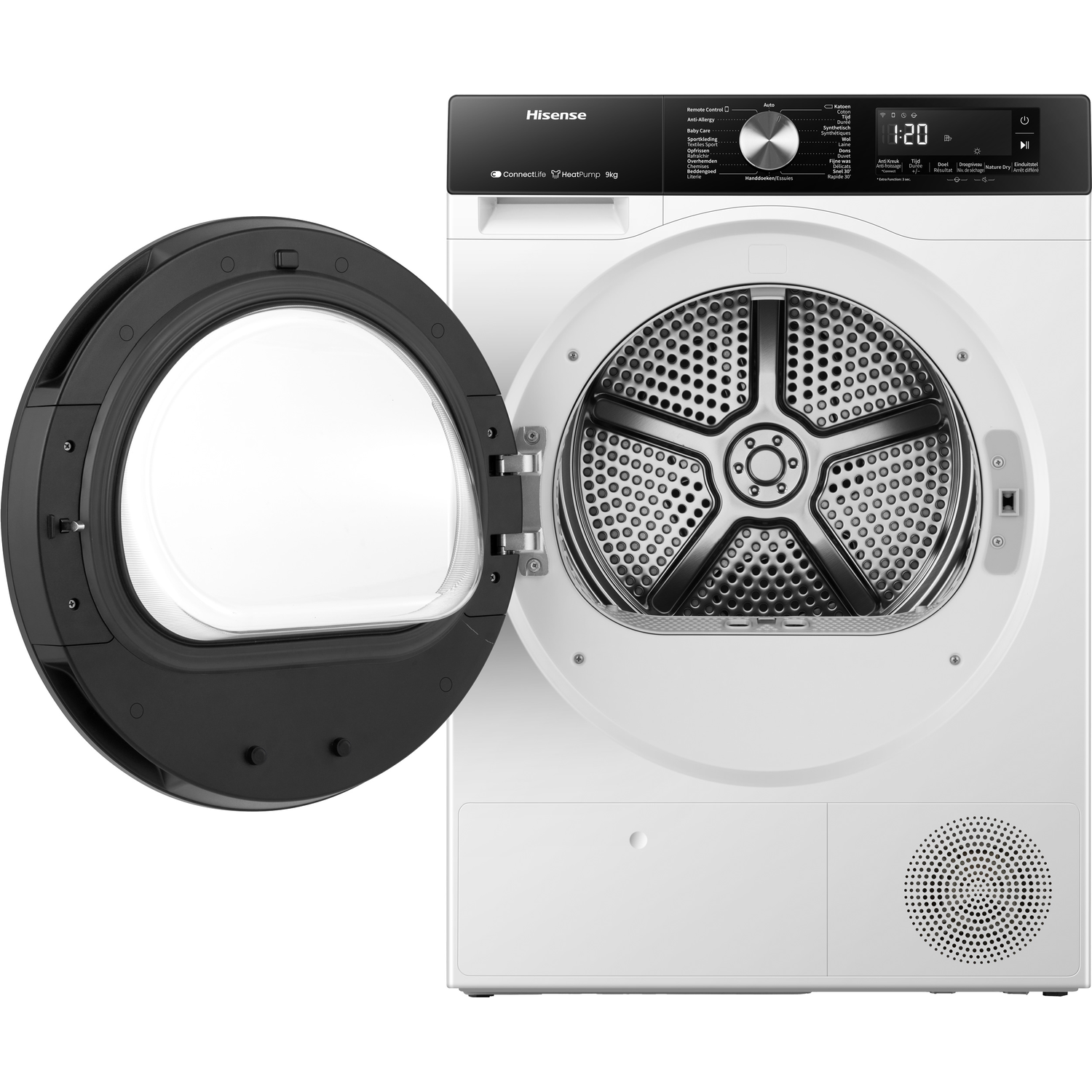 White dryer with open door, inside is a mesh drum. Black control panel, brand name Hisense.