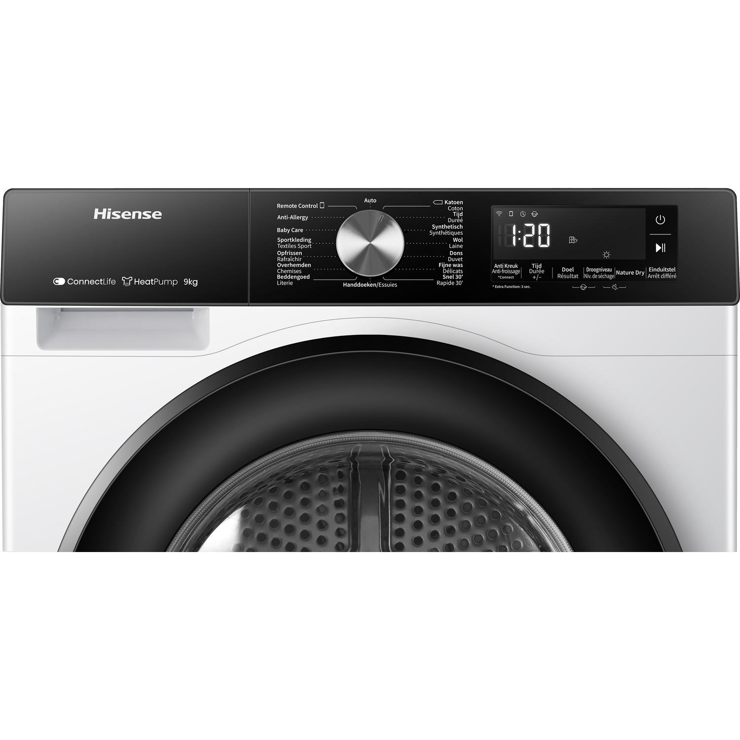 A close-up of a white and black Hisense dryer control panel.