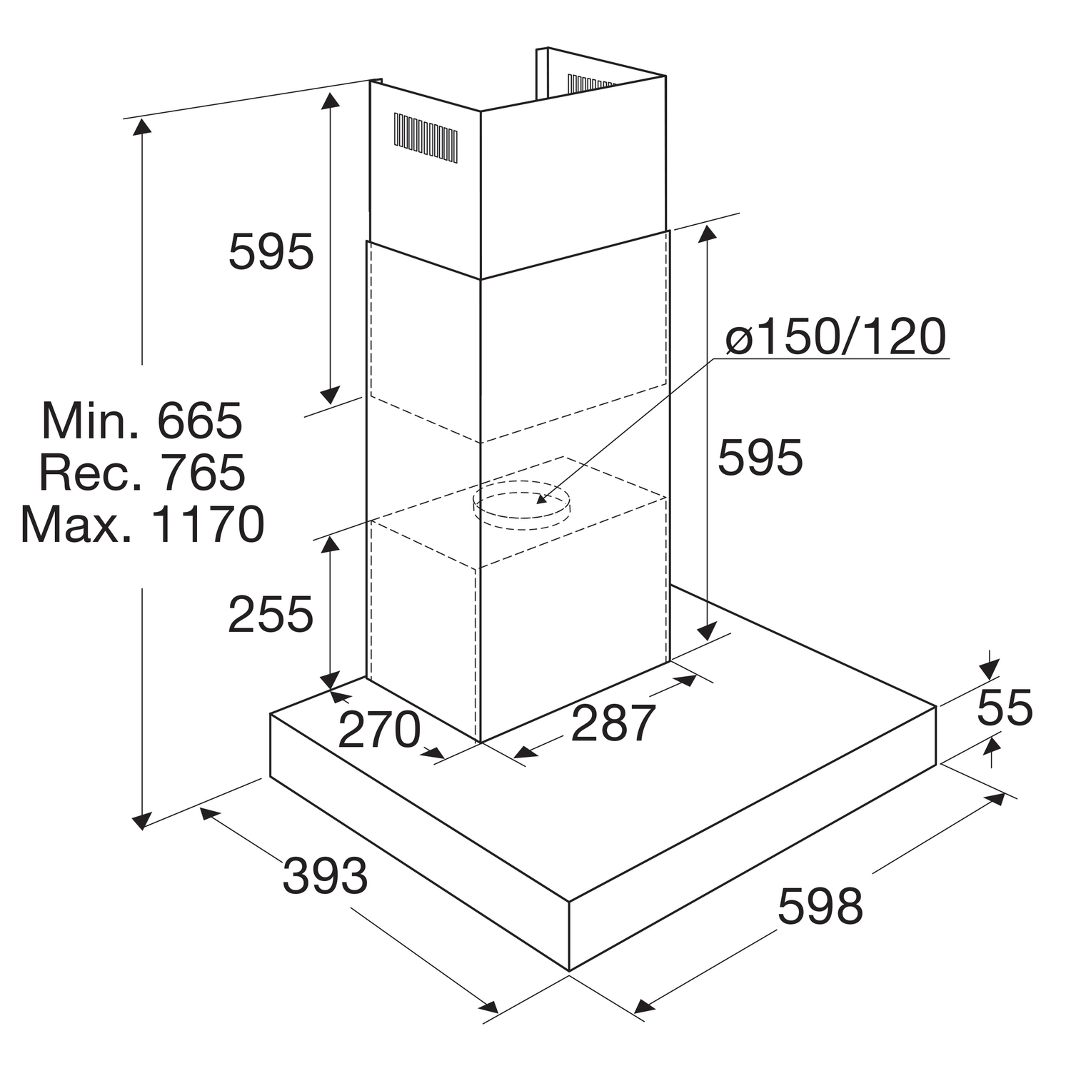 Technische tekening van een afzuigkap, met afmetingen en maten in millimeters.
