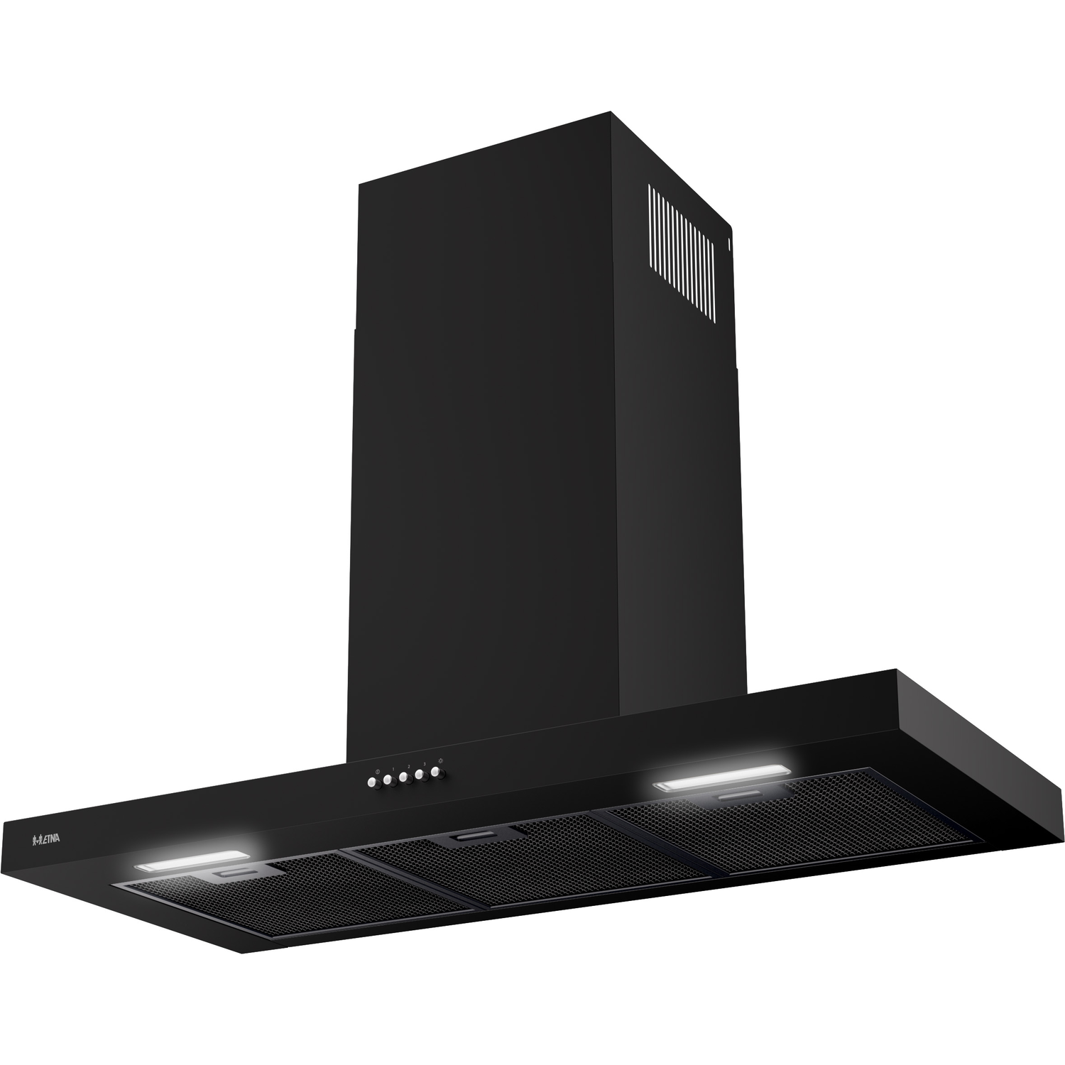 Black kitchen hood with lights and ventilation grilles. It is mounted on a white background.