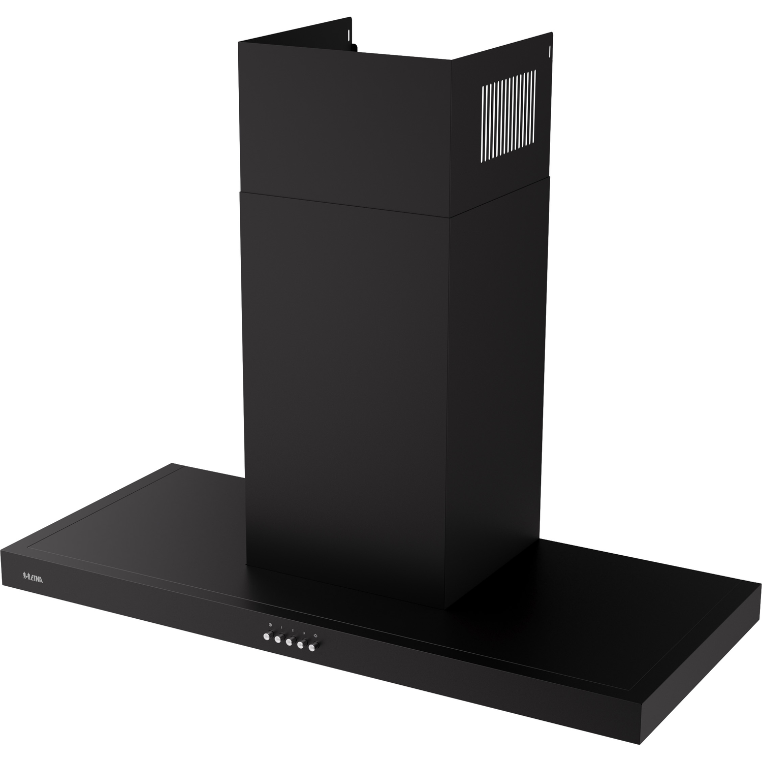 A black range hood with a rectangular base and a tall chimney.