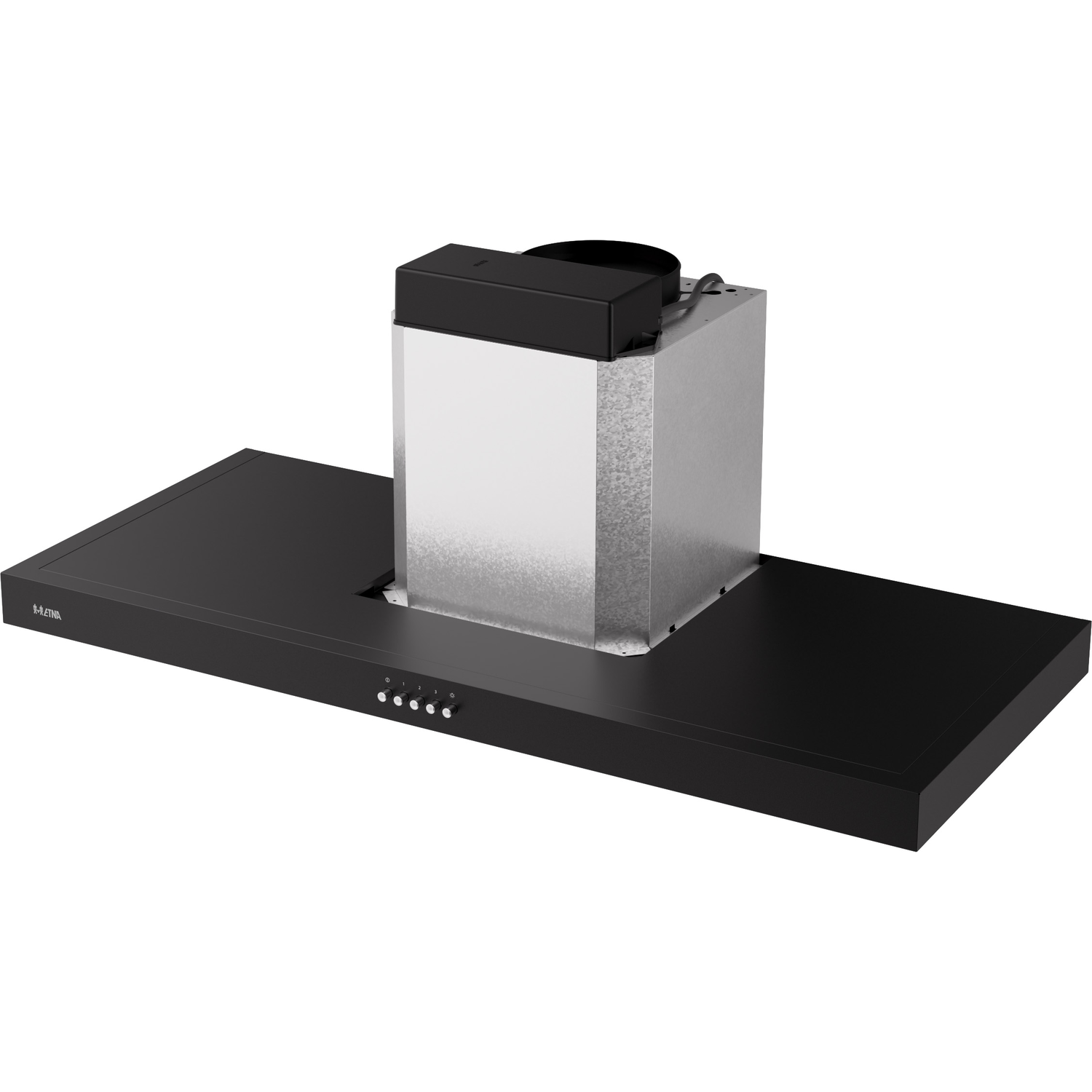 Black range hood with silver metal chimney and control buttons against a white background.