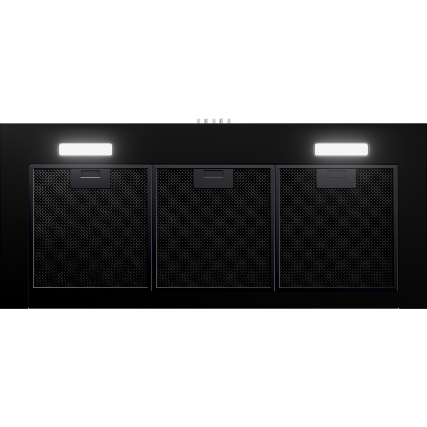 Black range hood with three panels and two lights, on a white background.