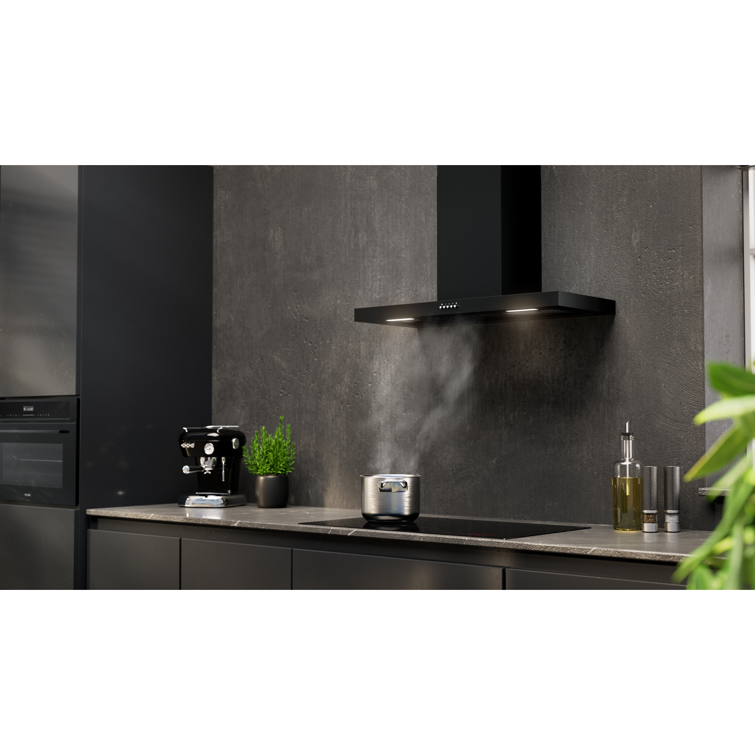 A modern kitchen setup featuring a black hood and a pot on a cooktop, with a coffee machine.