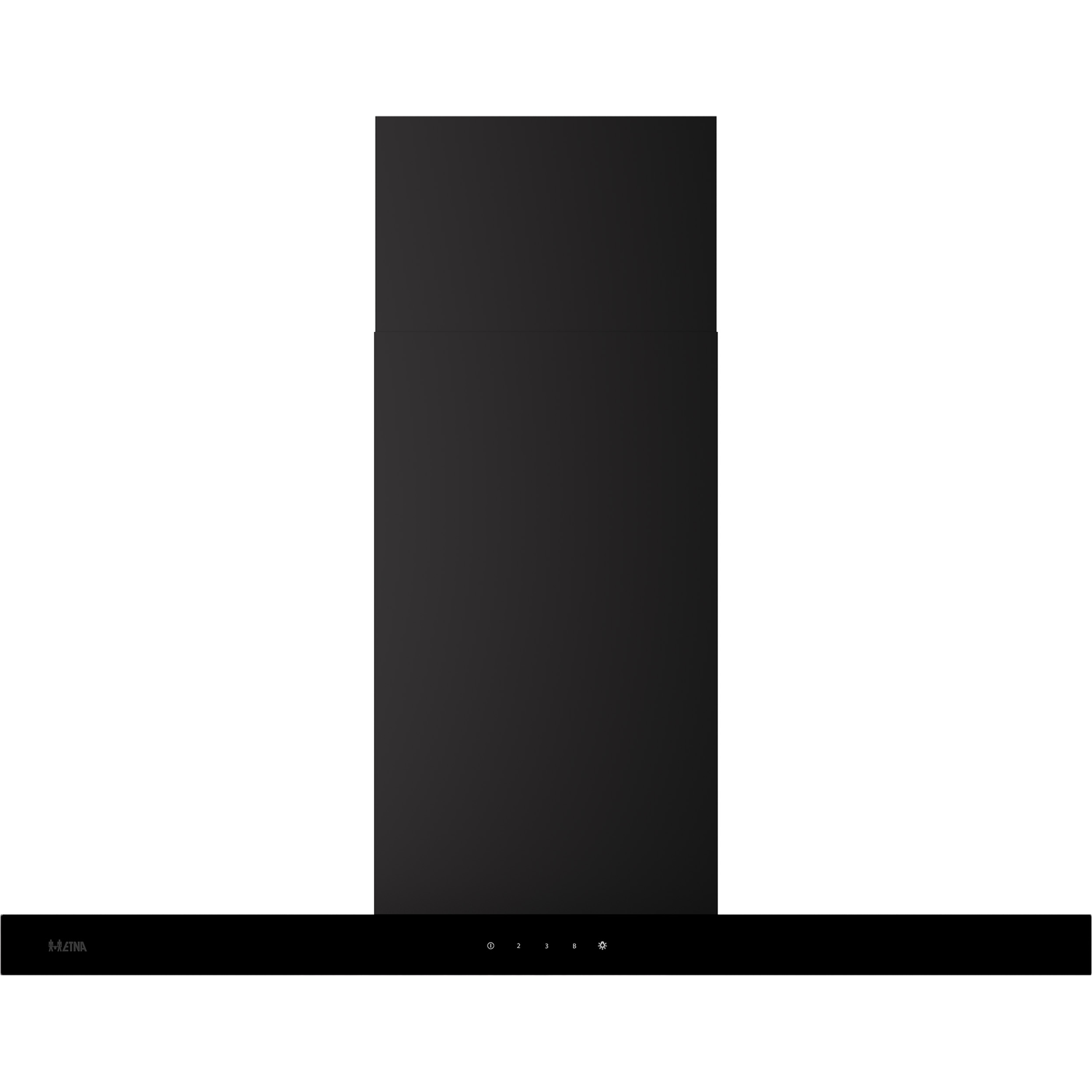 A black range hood with a rectangular design and a control panel at the bottom. The design is sleek.