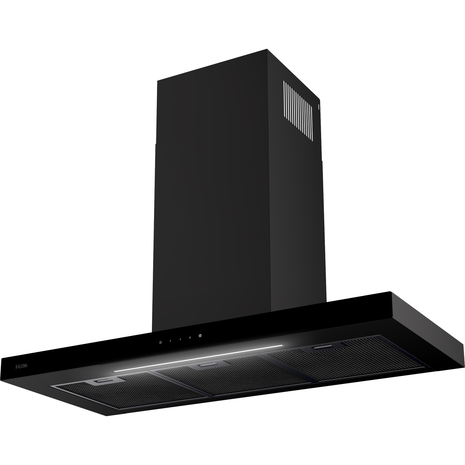 A black kitchen hood, sleek design, with a light strip and a vent grille.