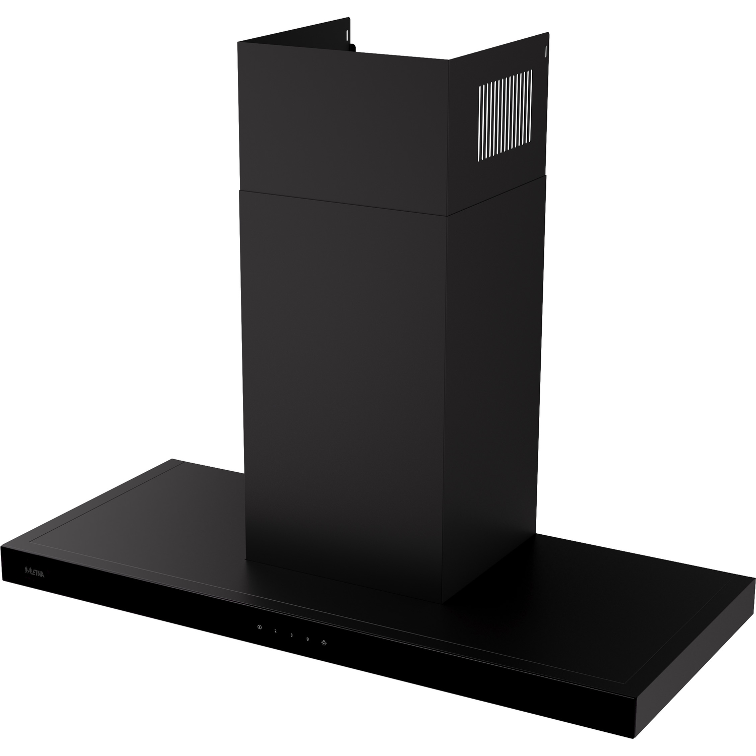 Black kitchen hood. It is mounted on a wall. The hood has a rectangular shape and a control panel.