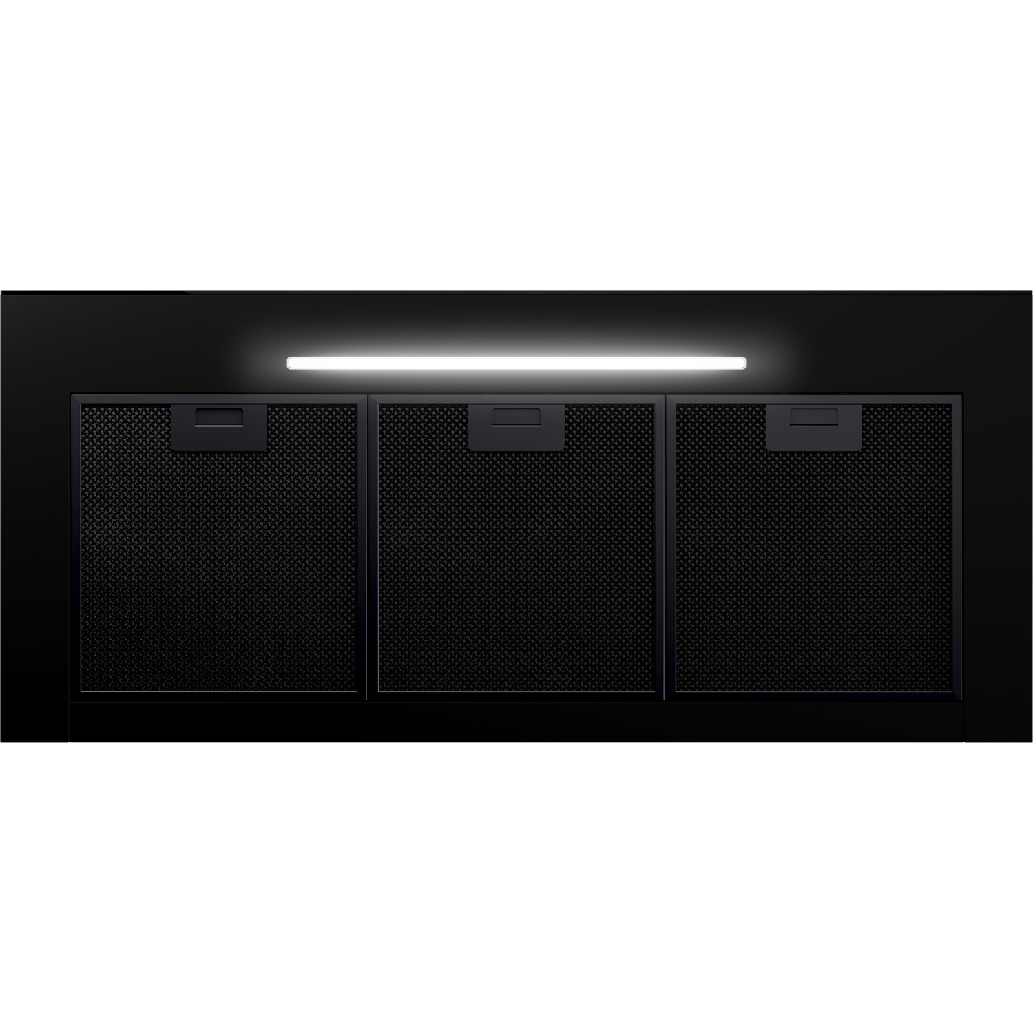 Black kitchen hood with three panels and a light above.