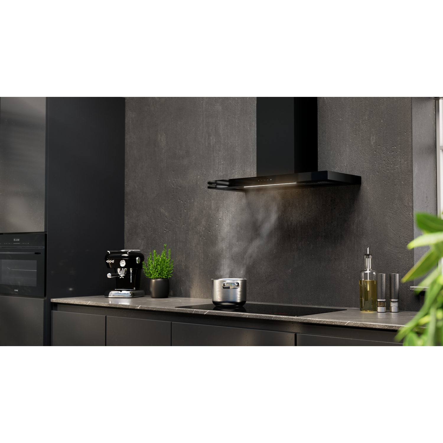 Kitchen scene with a black stove, pot, and range hood.