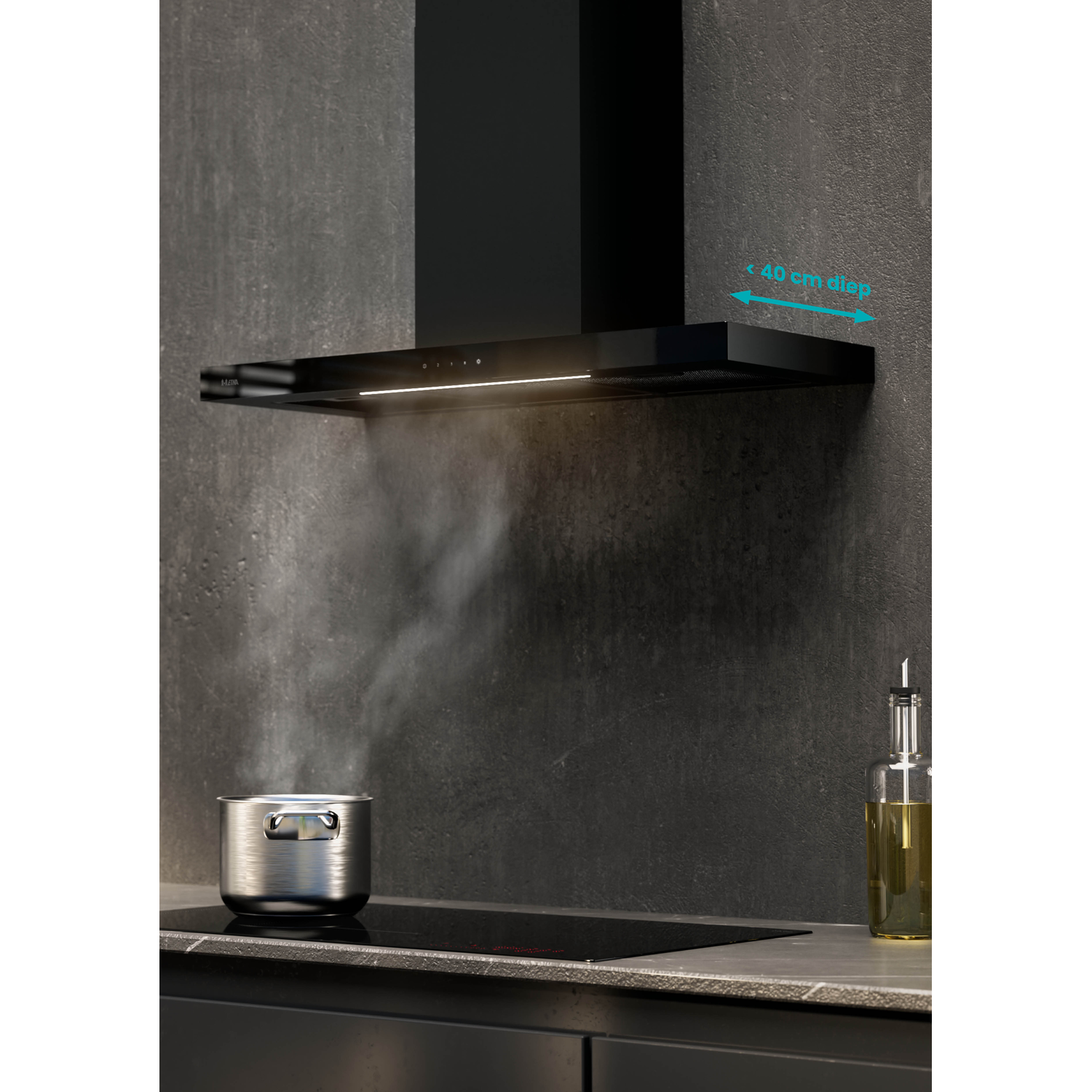 Kitchen scene with a black range hood above a stove, cooking with a pot and oil.