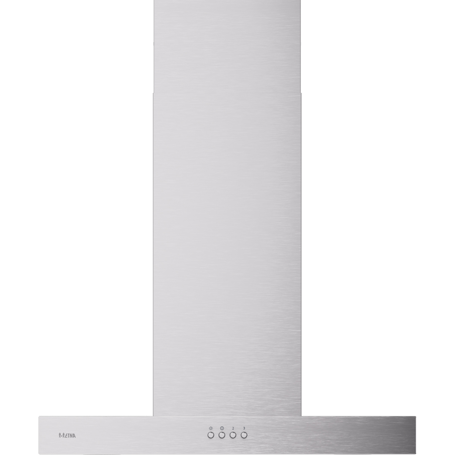 A stainless steel range hood with three control buttons at the bottom.
