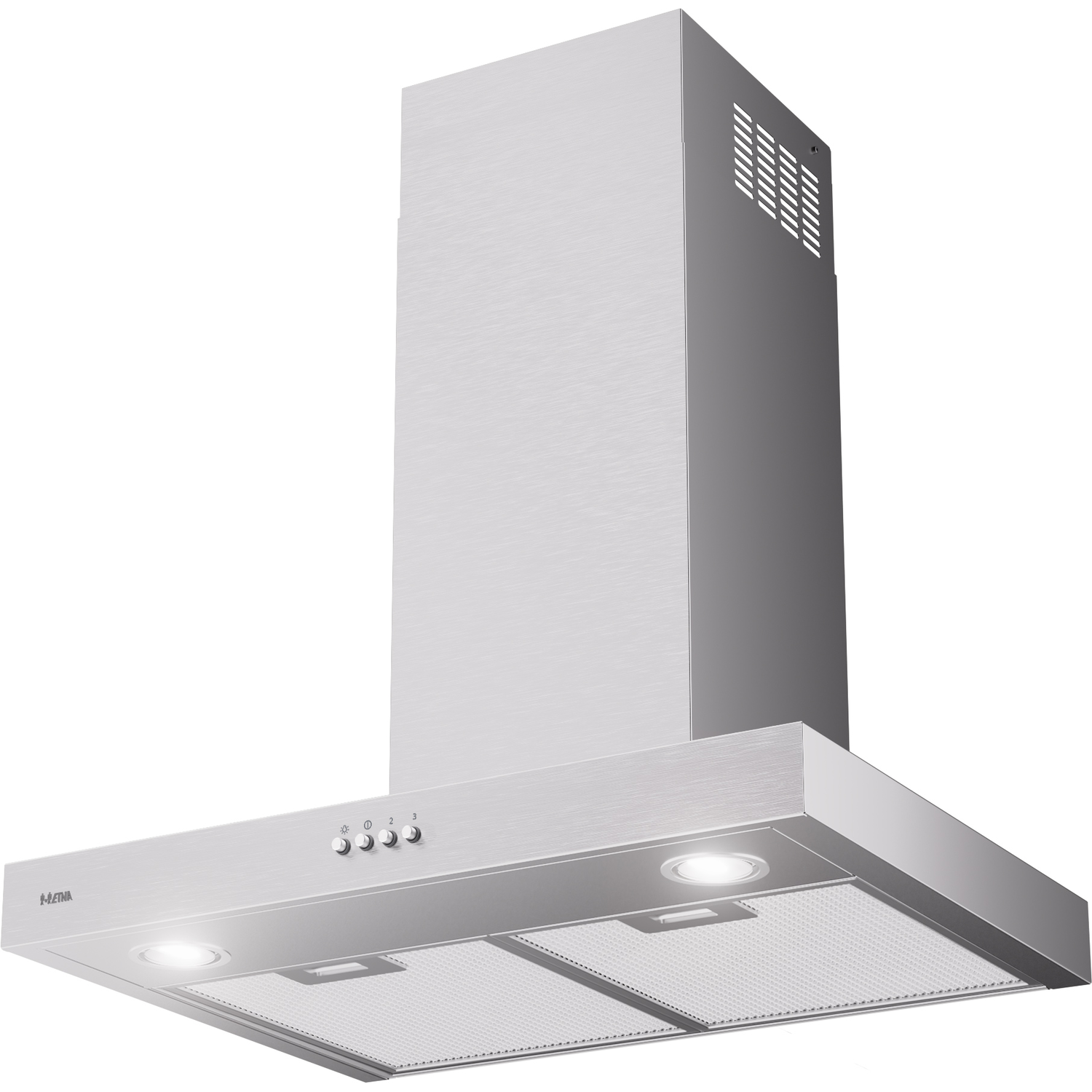A stainless steel range hood with lights and buttons. It has a rectangular design and a chimney-style extension above.