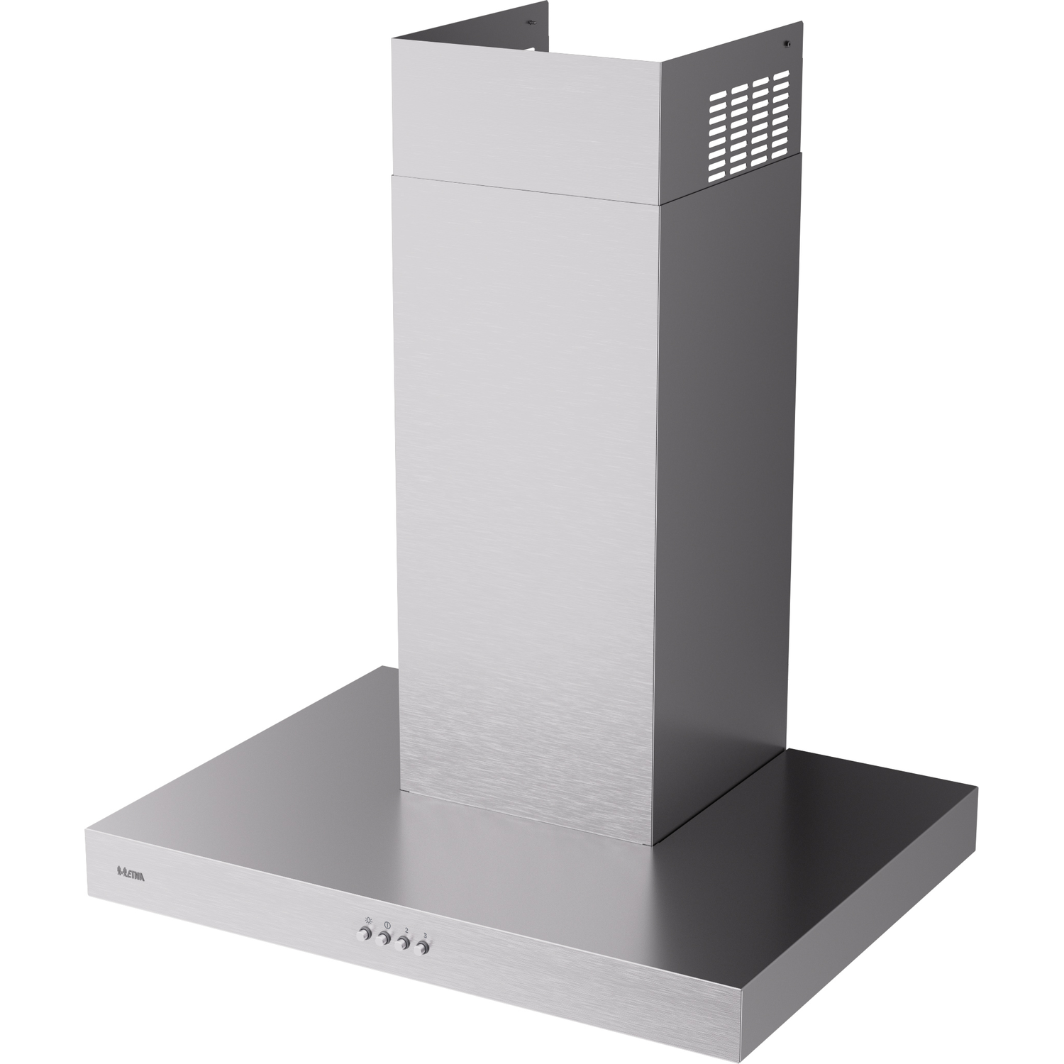 Stainless steel range hood with a rectangular base and a tall, rectangular chimney.