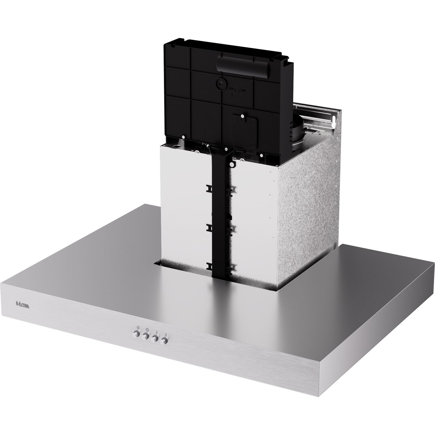 A stainless steel range hood with a black, rectangular filter section rising from the top.