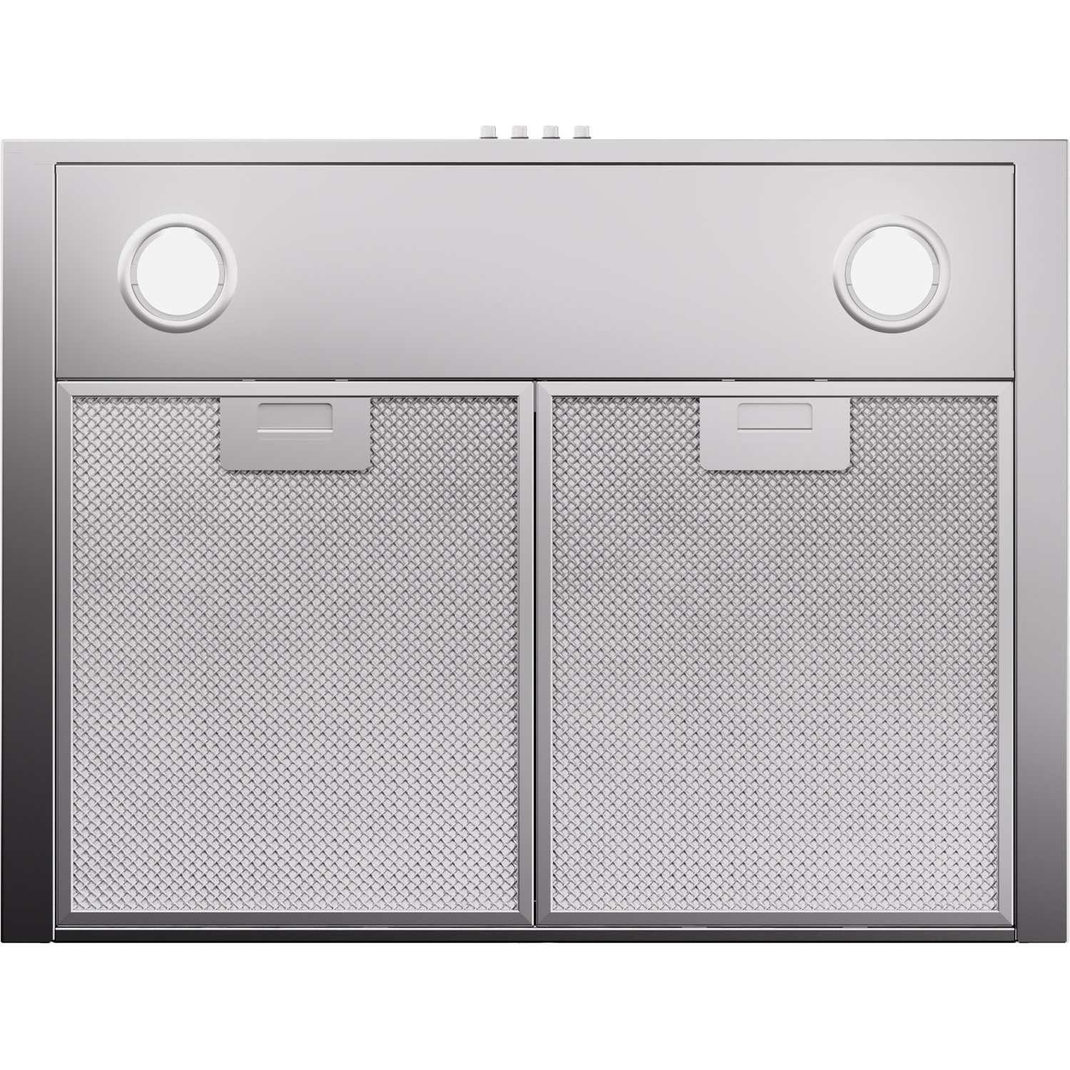 A stainless steel range hood with two circular lights and metal mesh filters.