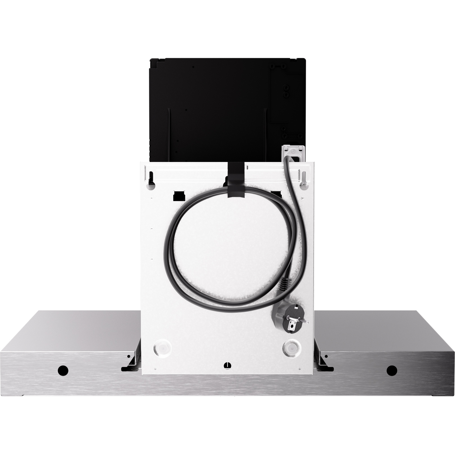 Back view of a white appliance with a power cord and a black element on top.
