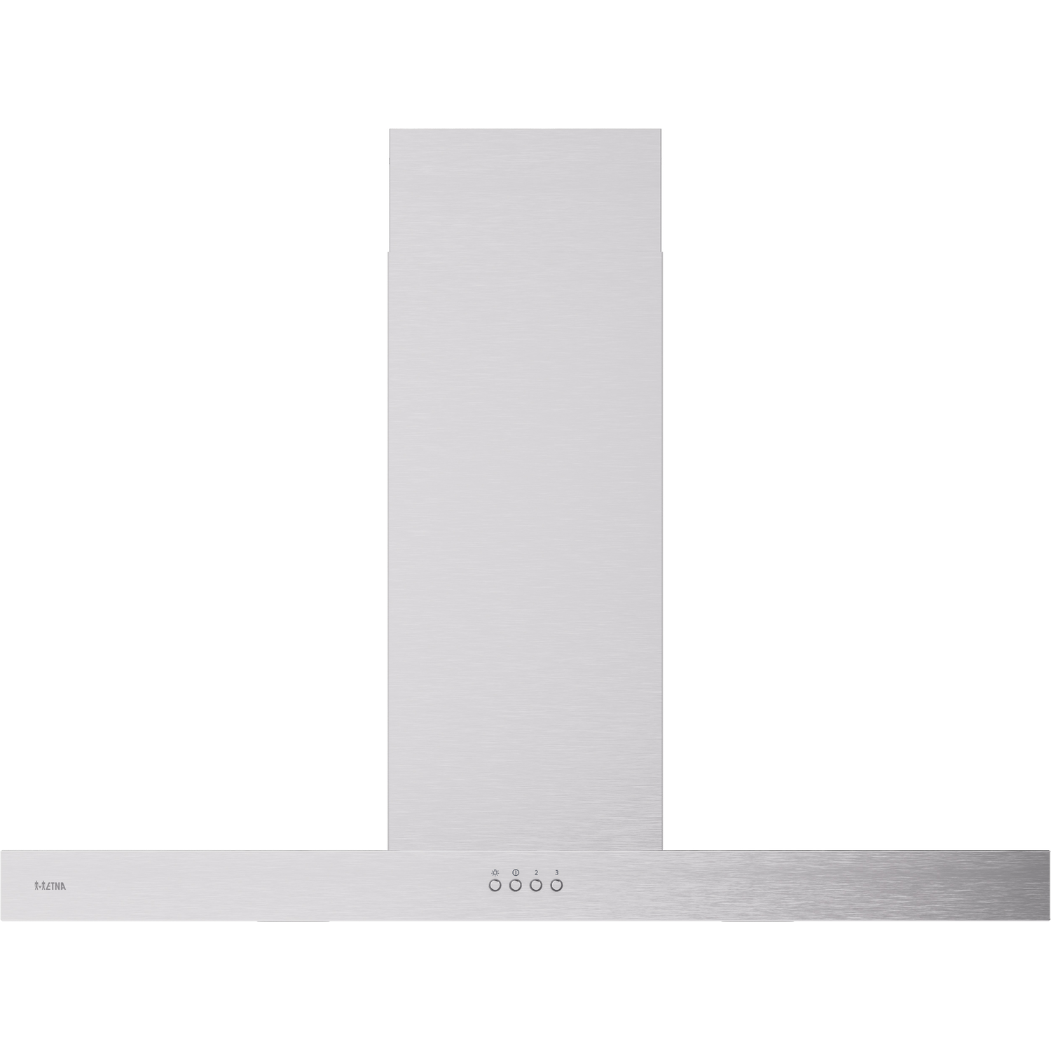 Stainless steel kitchen vent hood with three control buttons.