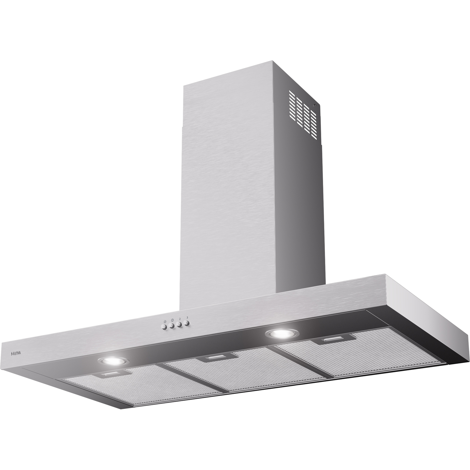 Modern stainless steel range hood. It has lights and mesh filters. Viewed from a low angle against a white background.