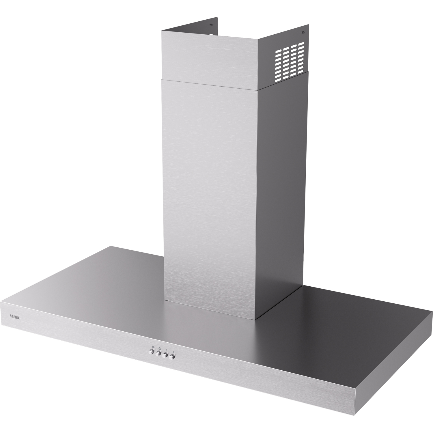 A stainless steel range hood with a rectangular base and a chimney.