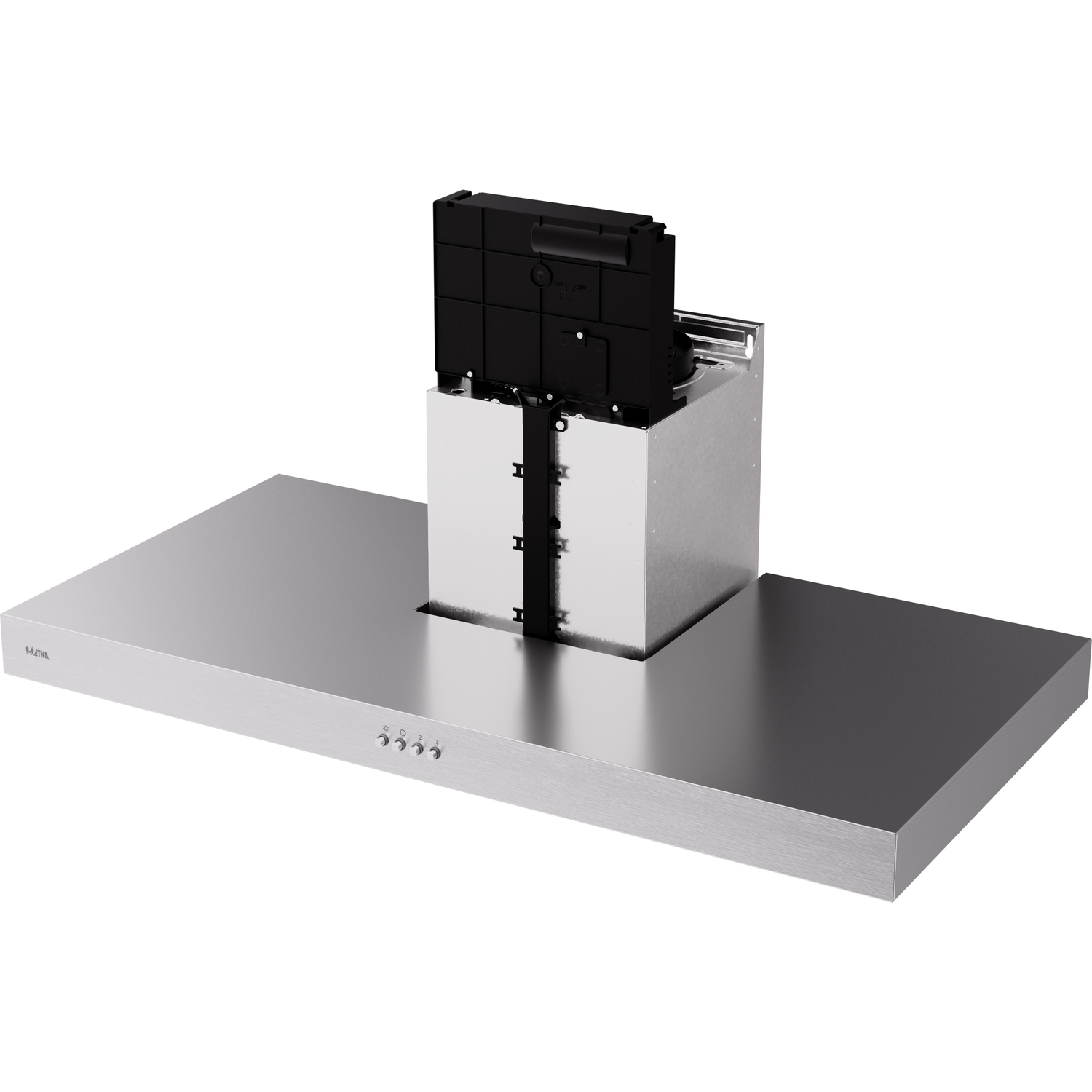 Stainless steel range hood with controls at the front. A black mechanism is in the center.