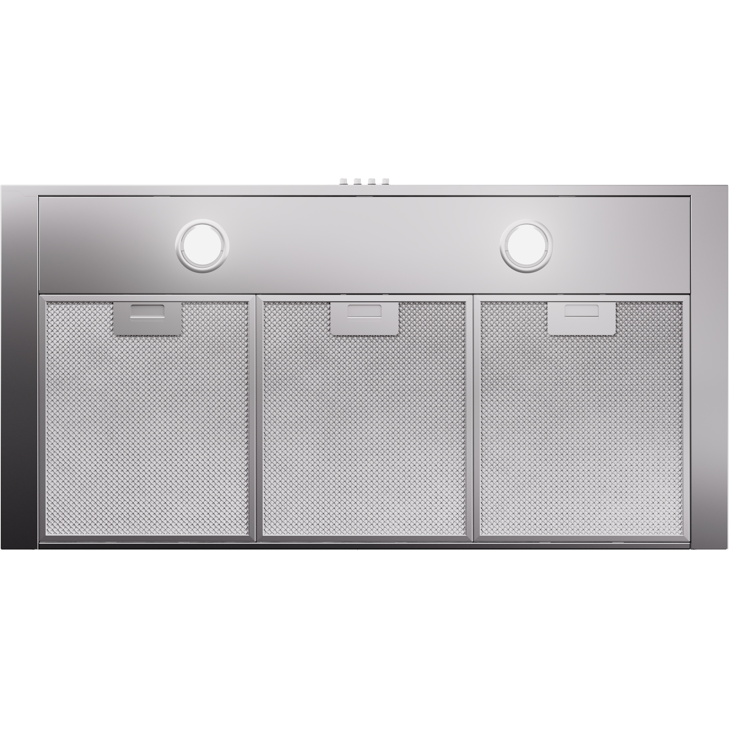Stainless steel range hood with three mesh filters and two lights. Rectangular shape.