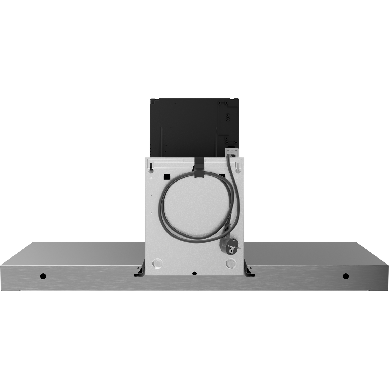 The back of a stainless steel range hood. A black box is centered.