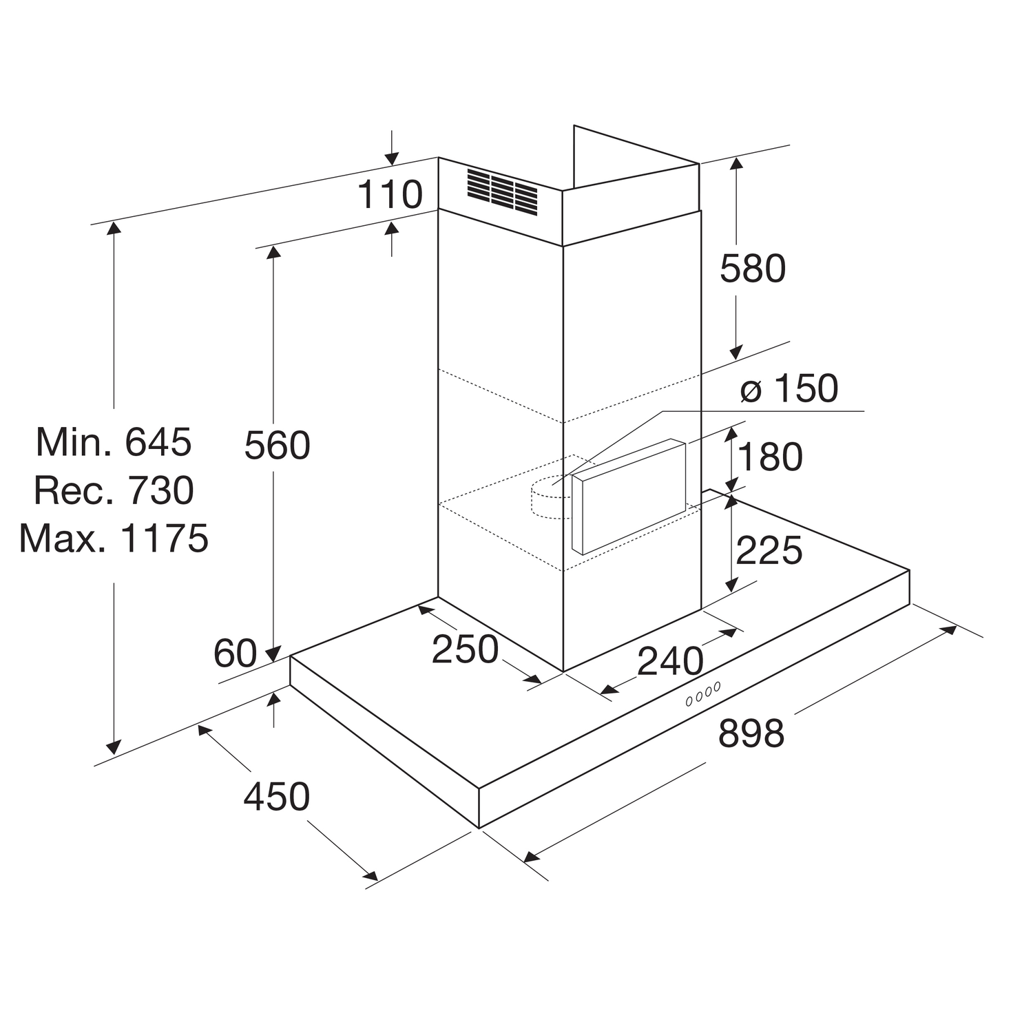 Technical drawing of a kitchen hood. Dimensions are labeled in millimeters.