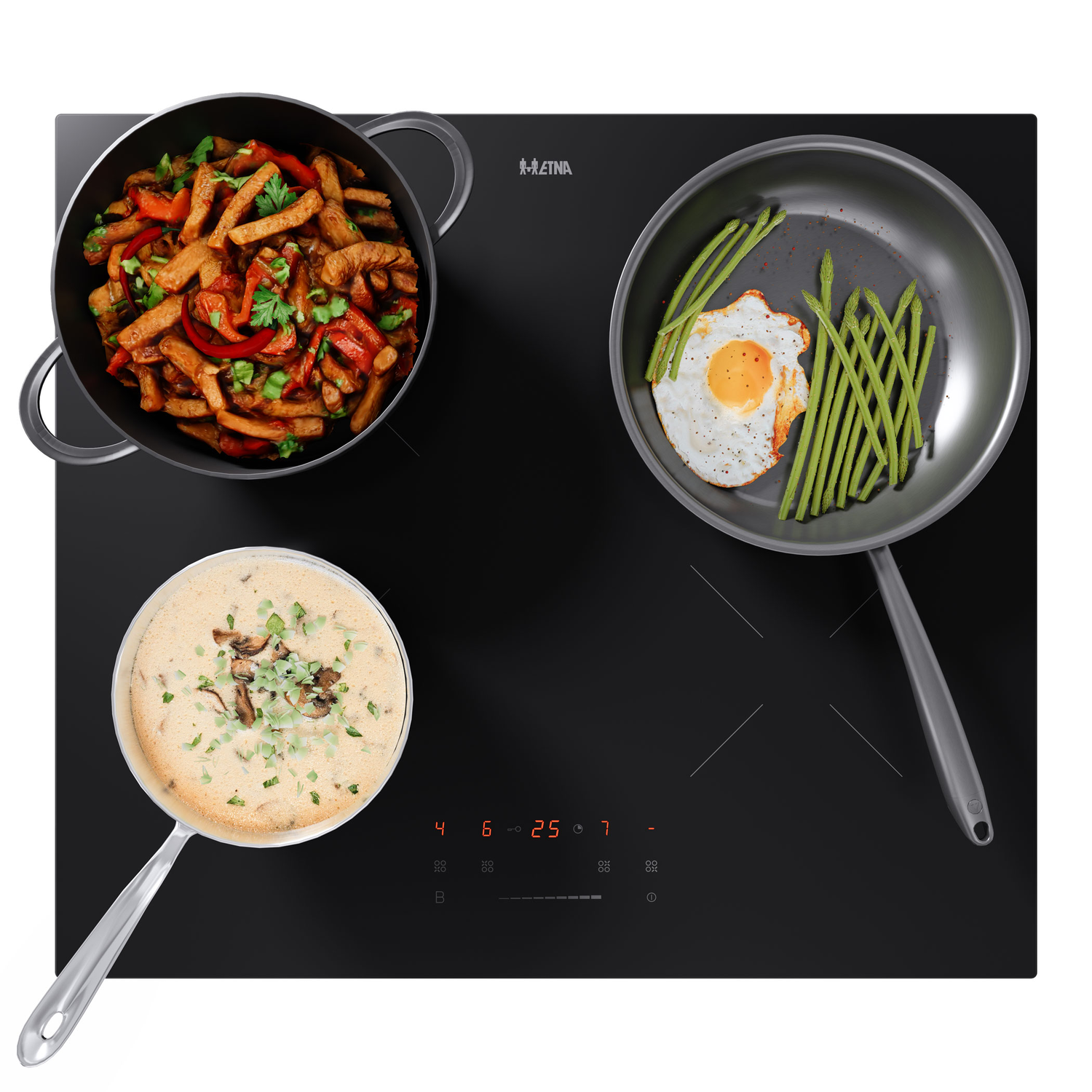 An induction cooktop with food in pans on top.
