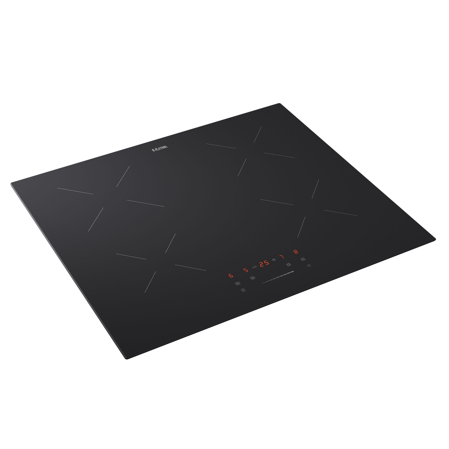 Black induction cooktop with five cooking zones. Digital display visible. Angled view.