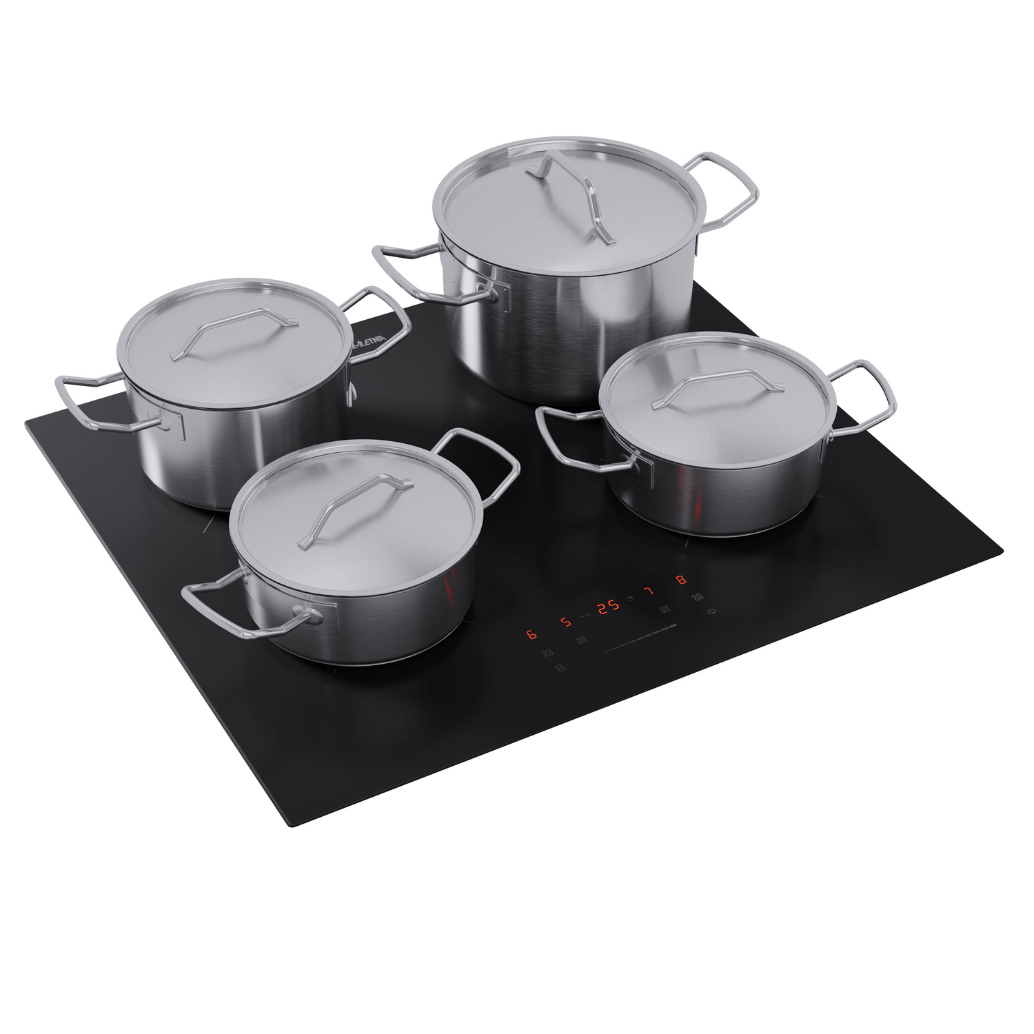 Four stainless steel pots with lids on a black, induction stovetop.