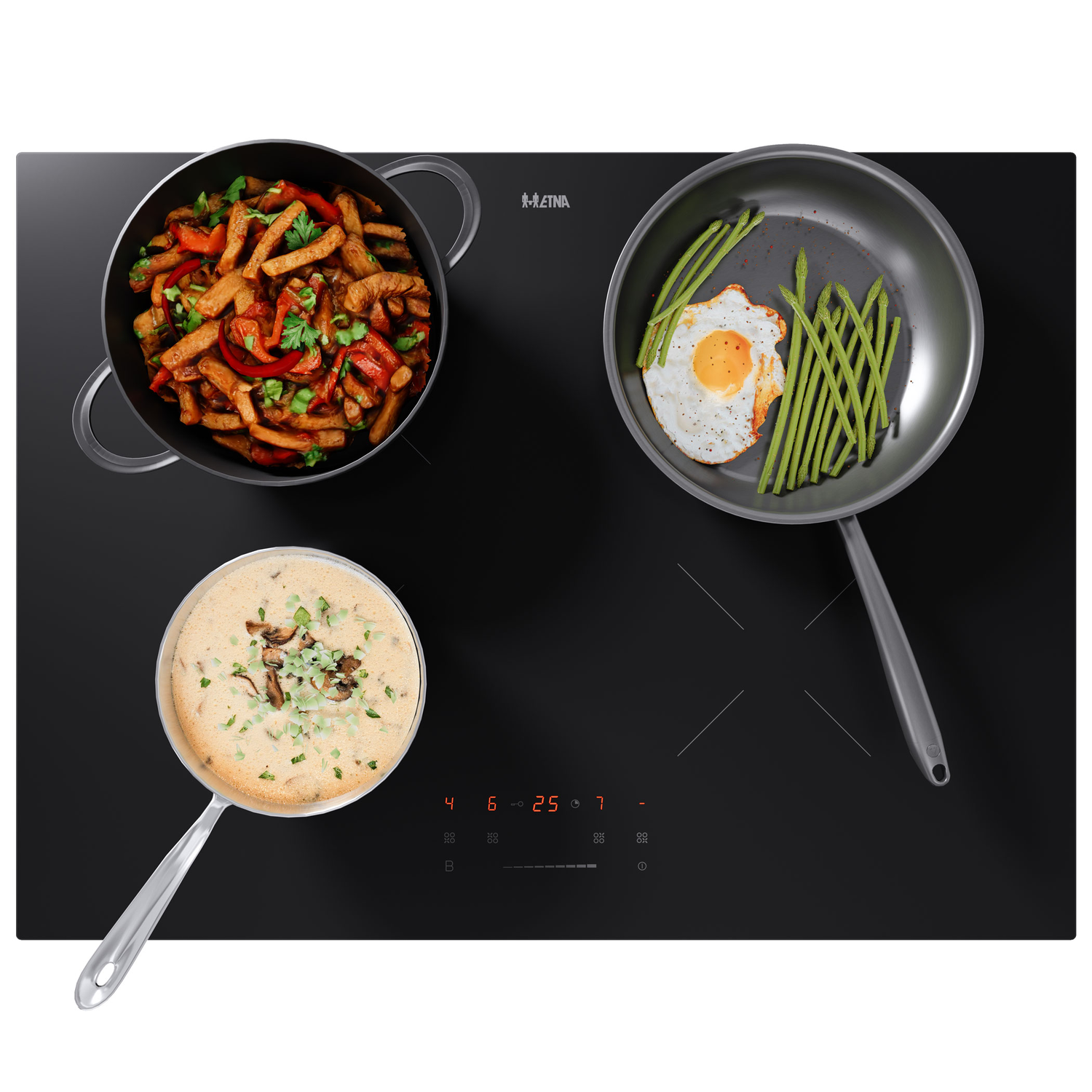 Black stove top with three pans. One has food, one has an egg and asparagus, and one has soup.