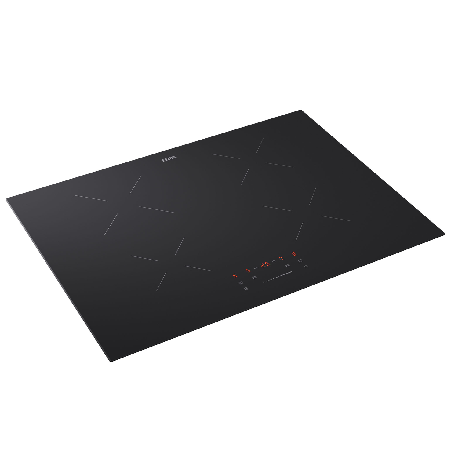 Black induction cooktop with five cooking zones. The cooktop is on a white background.