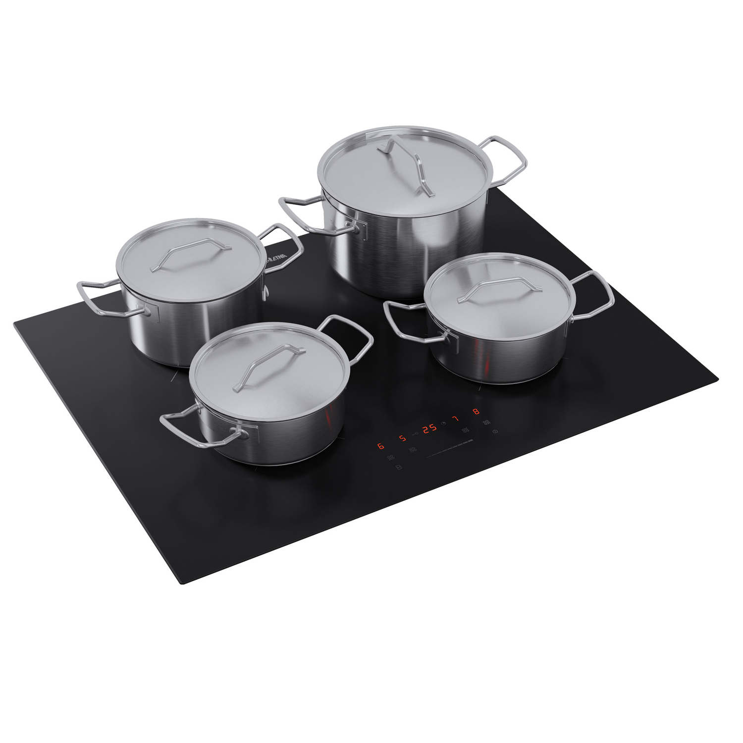 Four stainless steel pots with lids on a black induction cooktop.