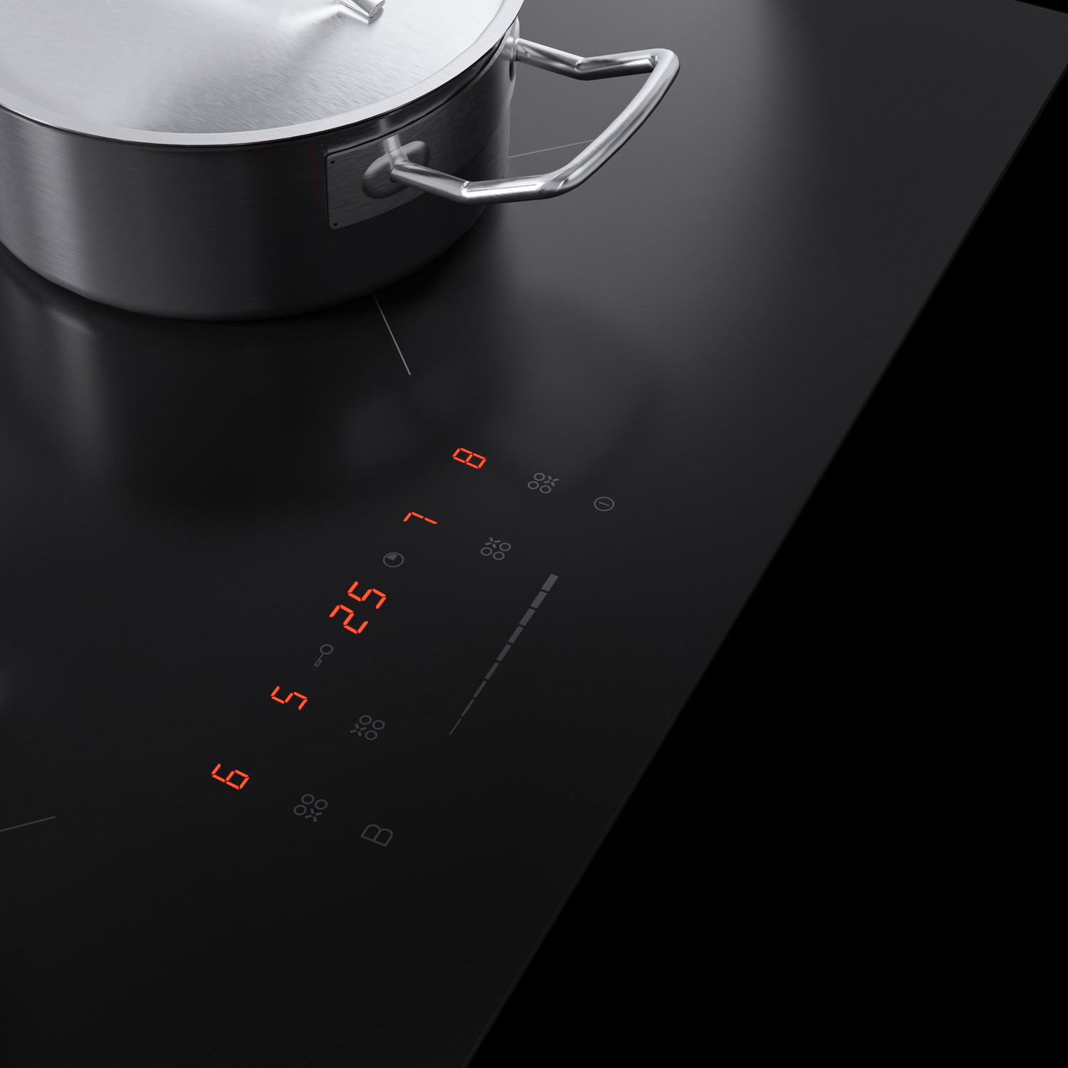 Black stovetop with red digital display and a pot. Black background.