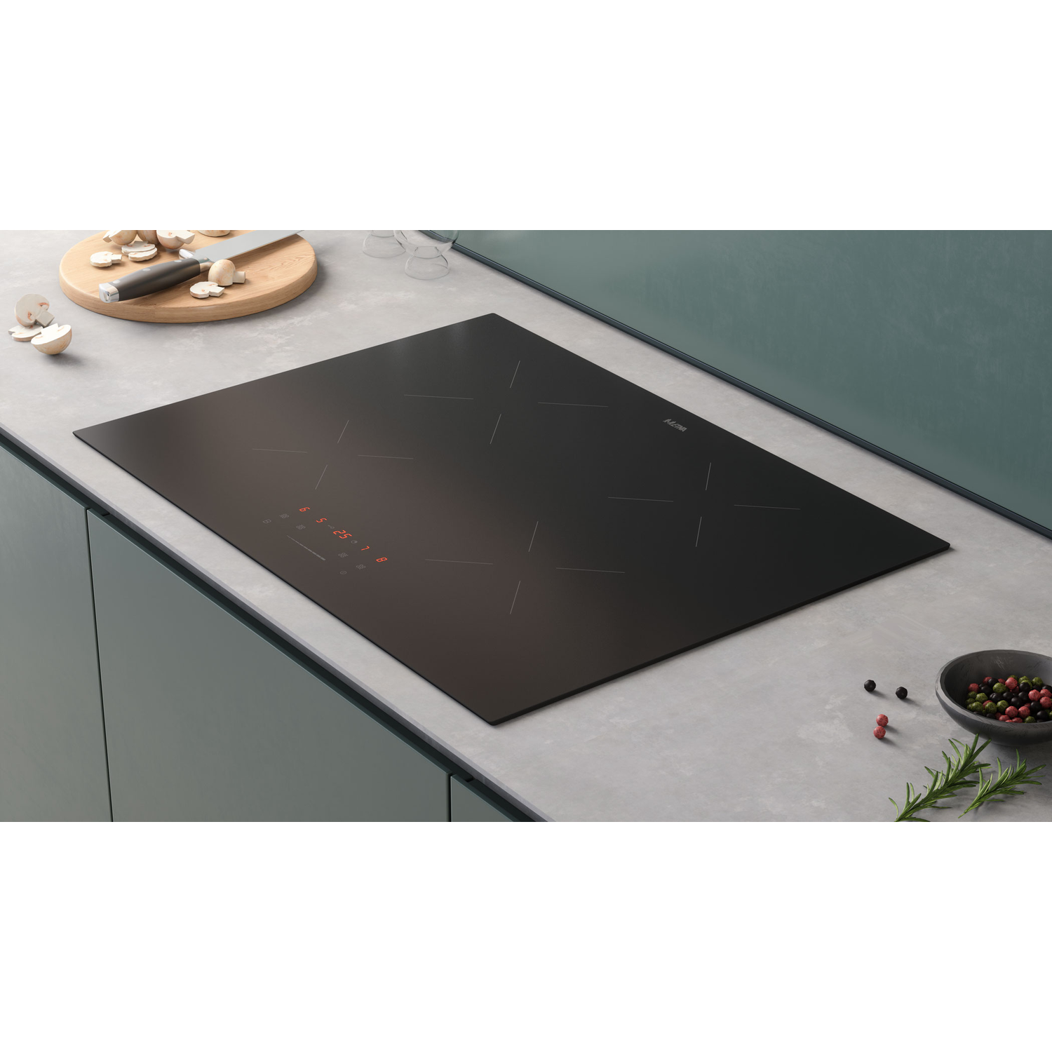 A black induction cooktop on a gray countertop. A red display shows a number. A bowl of spices nearby.