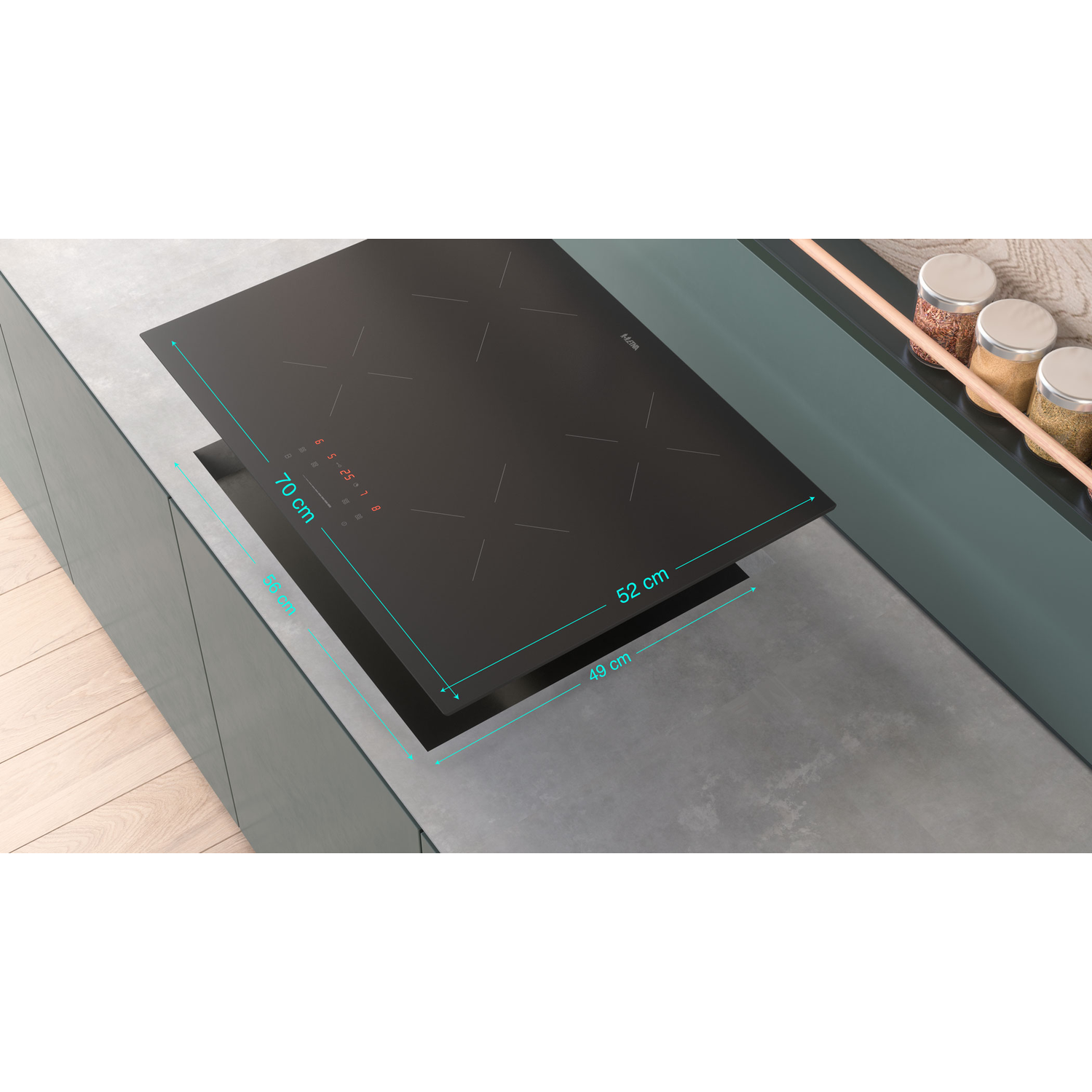 Black induction hob on gray countertop, dimensions marked. Background: gray and green cabinets, spices on shelf.