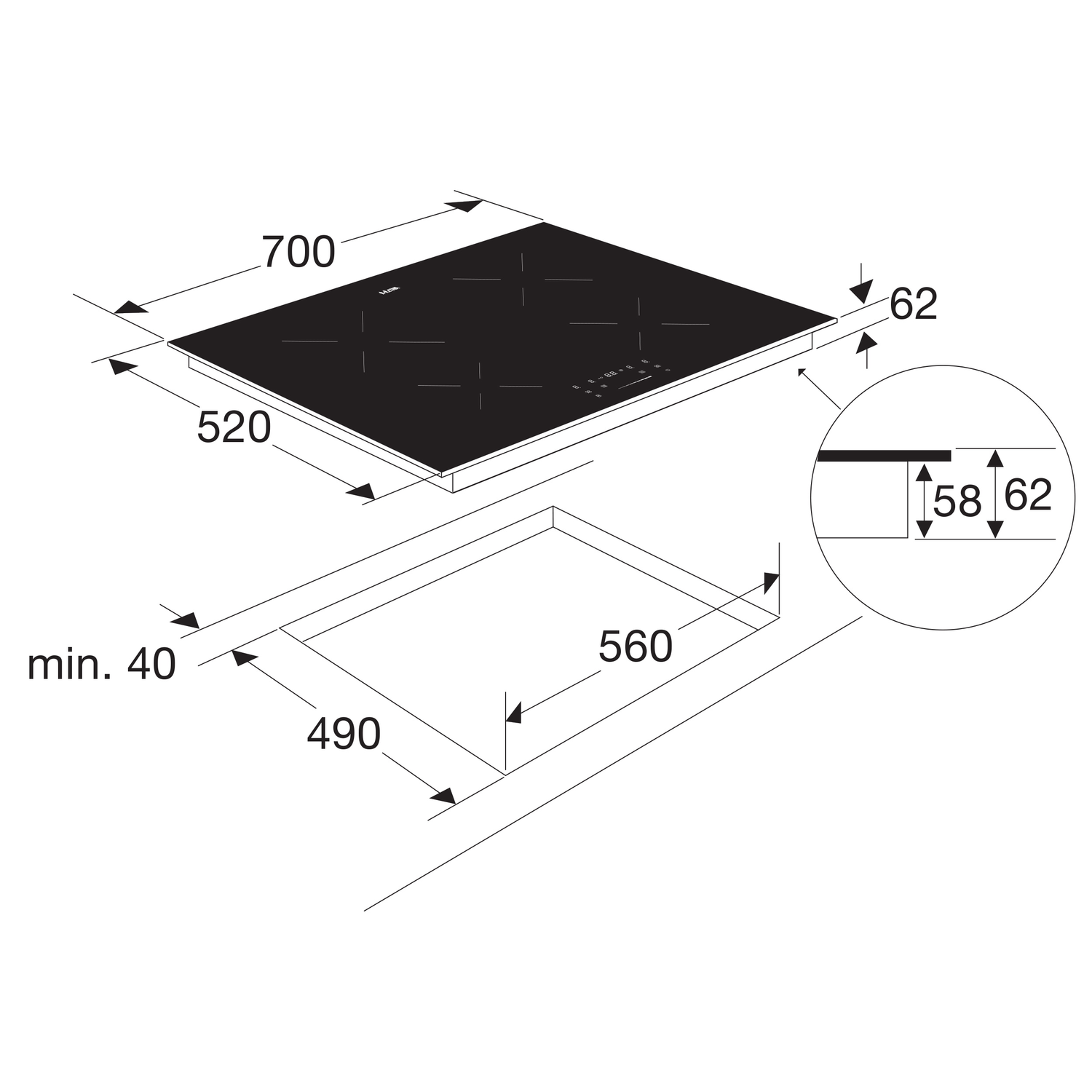Black hob with dimensions and a close-up of the edge.