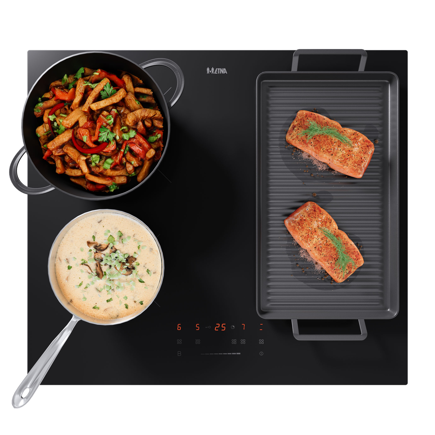 Black stovetop with three pans containing food. A grill pan with food is also present.