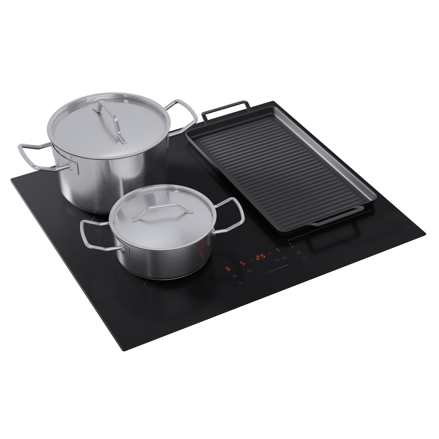 Black induction cooktop with two pots and a griddle. The controls are lit red.