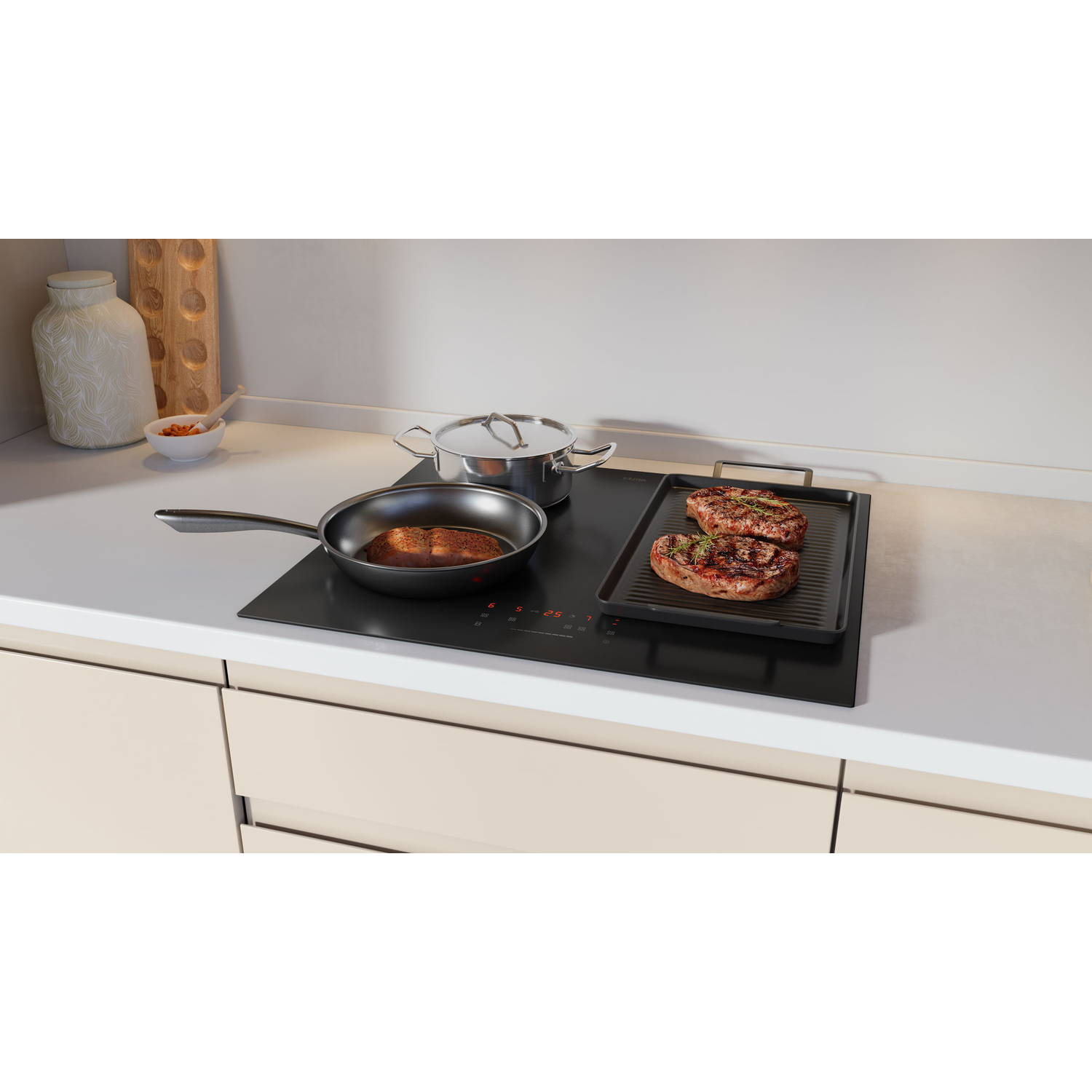 Cooking on a black stovetop with a pan, pot, and grilling surface.