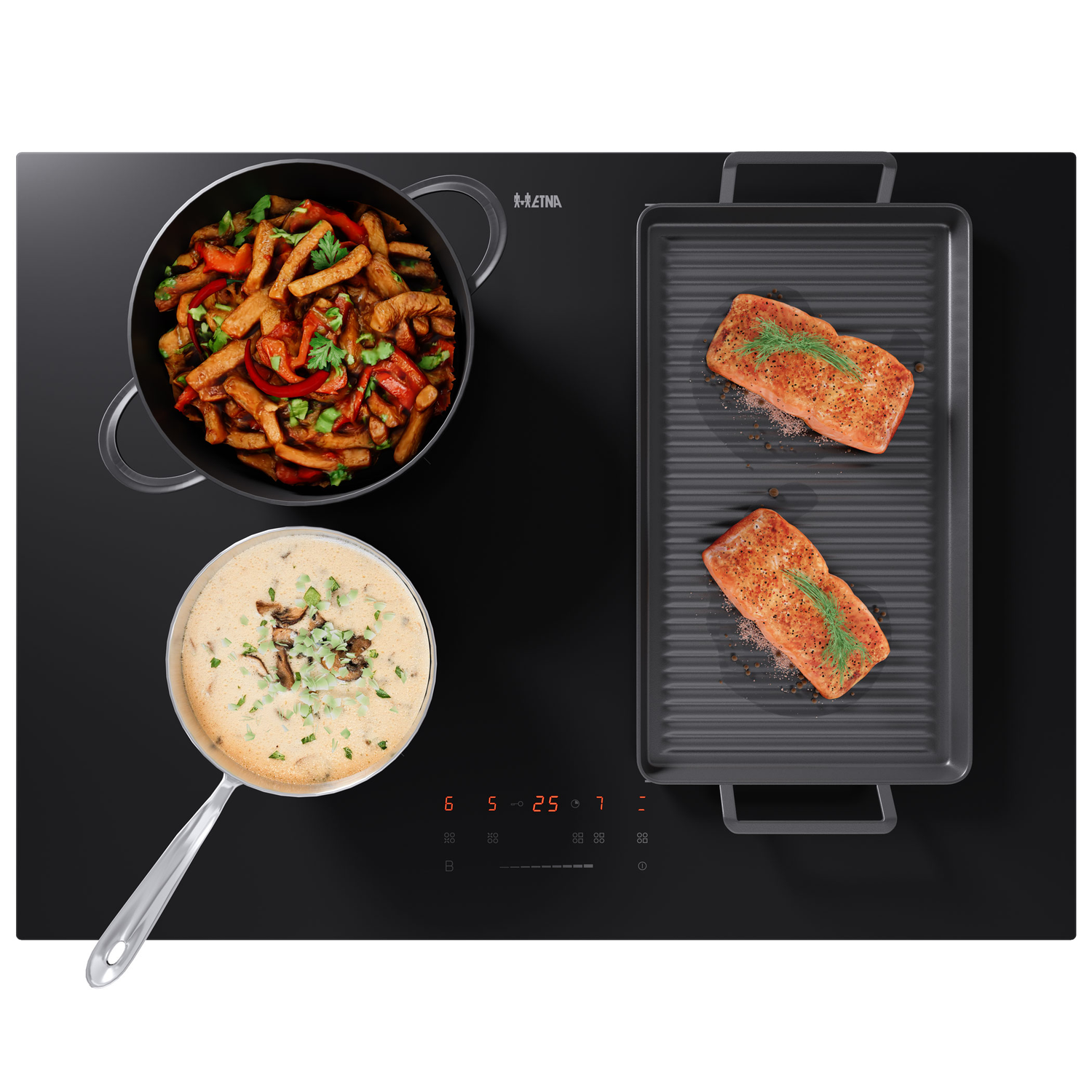 Black hob with cooked food in pots and a grill pan with salmon. It is a top-down view.
