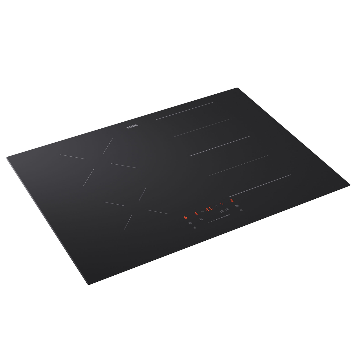 Black induction cooktop with touch controls and a built-in digital display.
