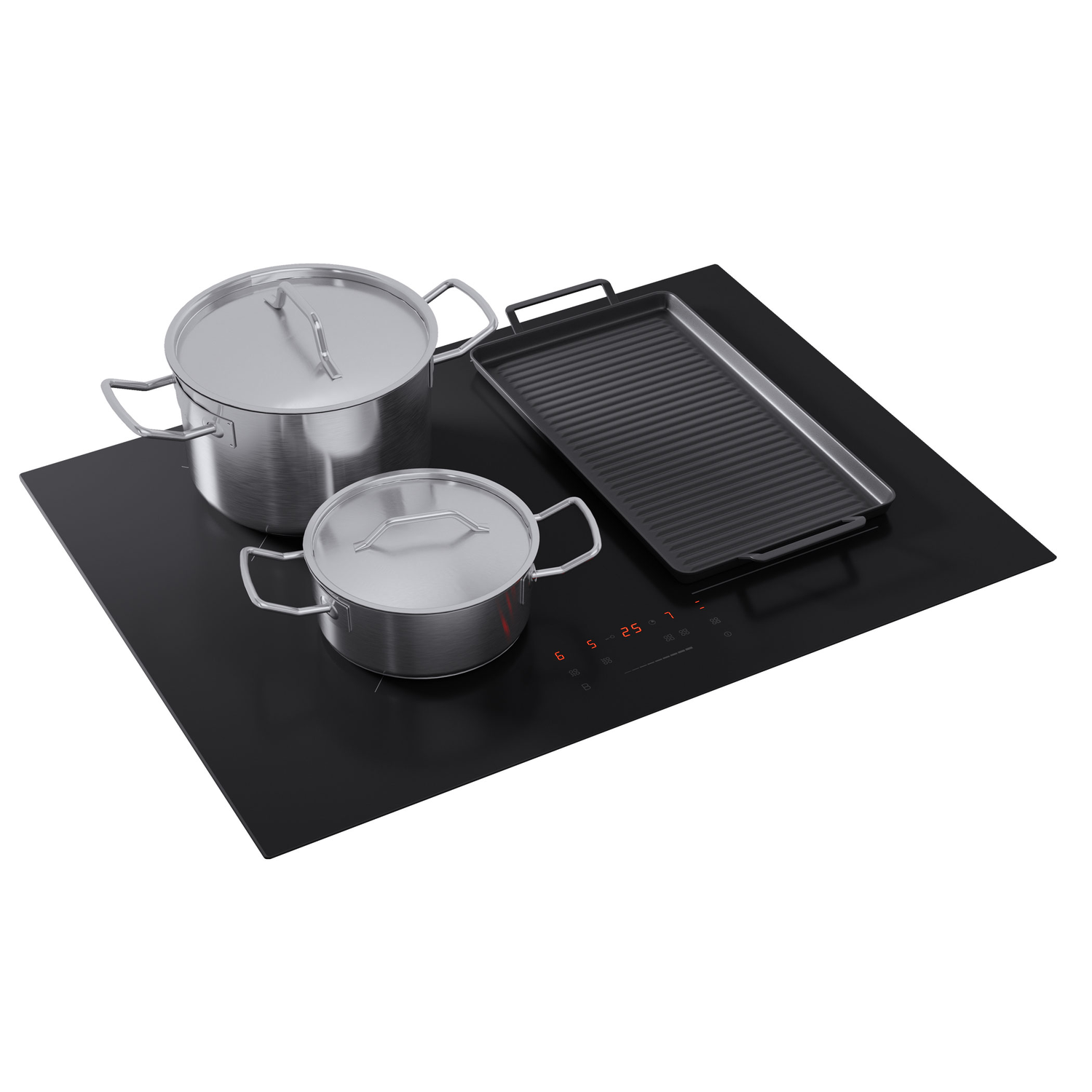 A black induction hob with two covered pots and a griddle pan. Red numbers indicate settings.
