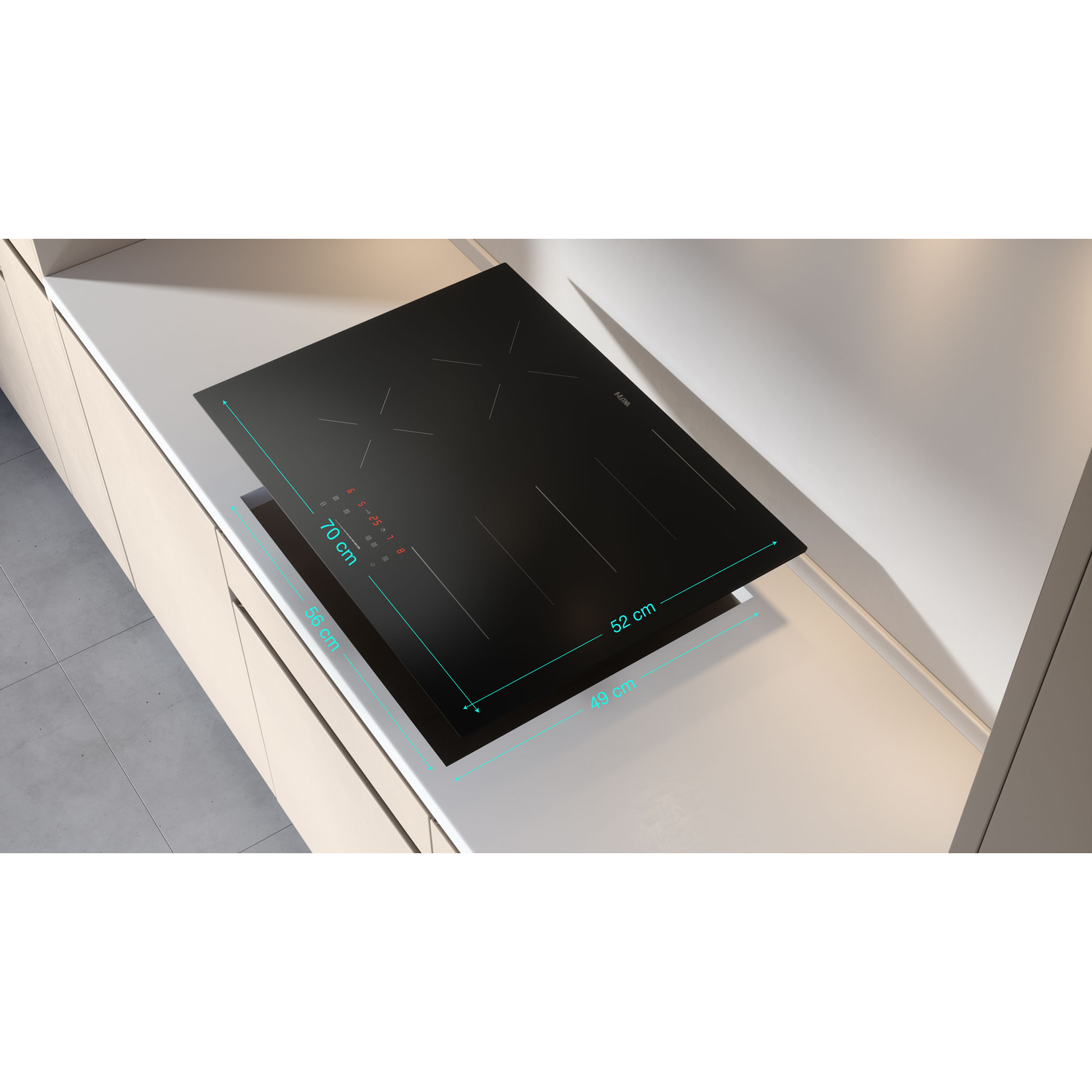 Black induction cooktop with dimensions. It is placed on a white countertop.
