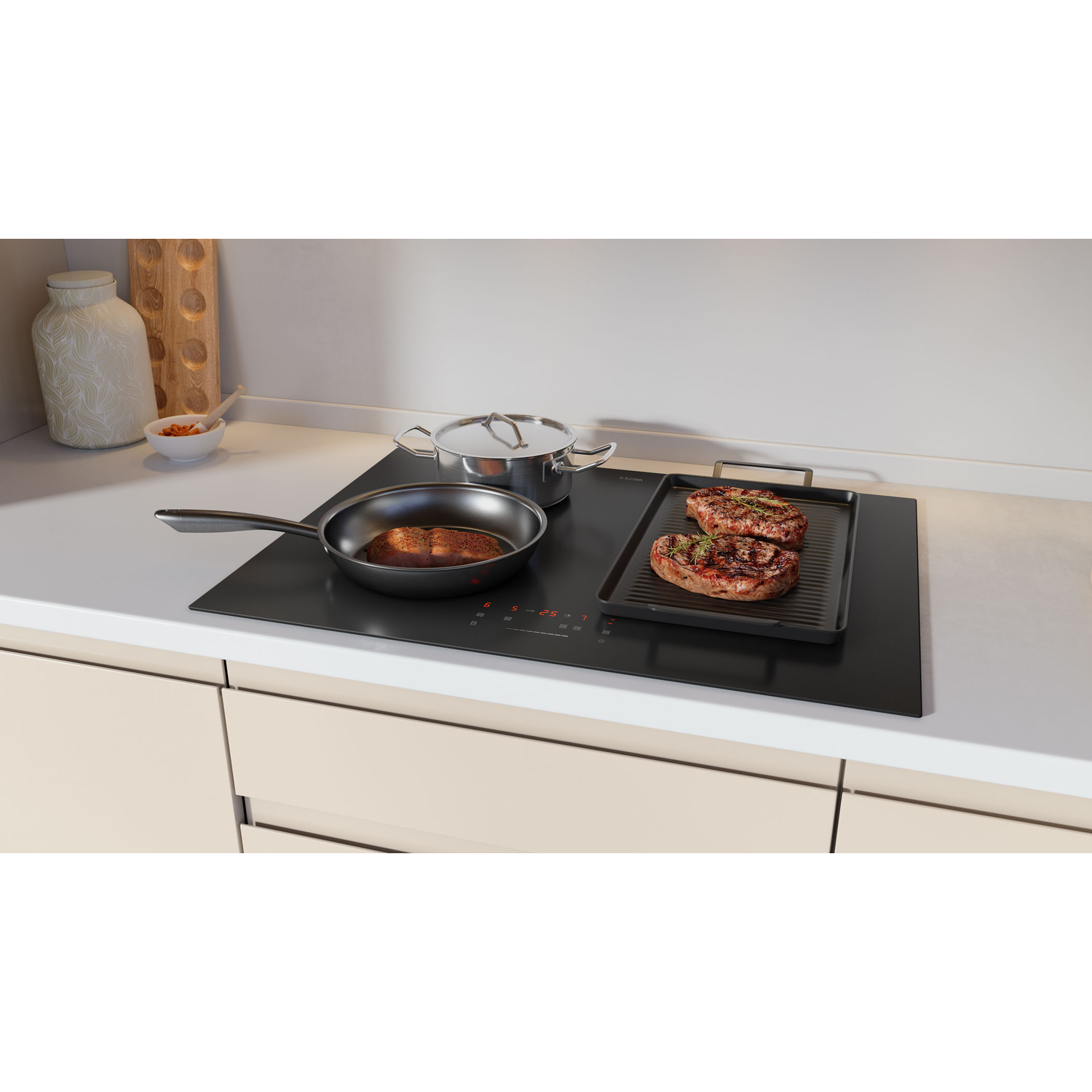 Kitchen counter with stove, pan, grill pan, and steaks.