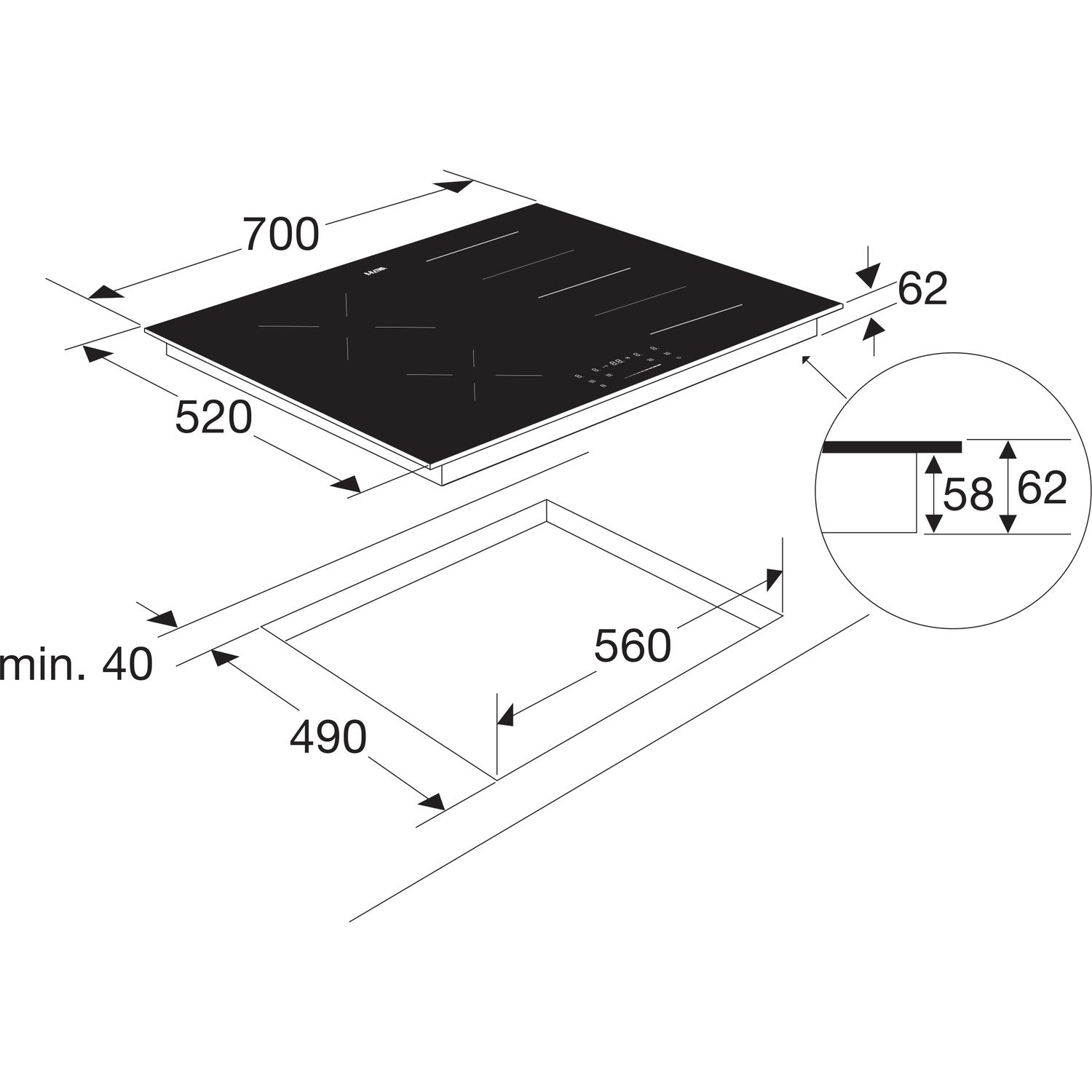 An induction cooktop with dimensions, showing a rectangular cutout outline.
