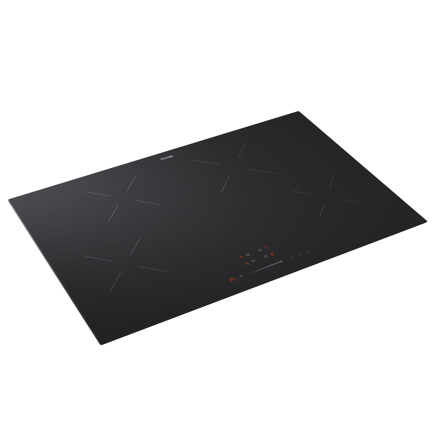 Zwart, rechthoekig inductiekooktoestel met meerdere branders, een digitaal display en een glad, reflecterend oppervlak.